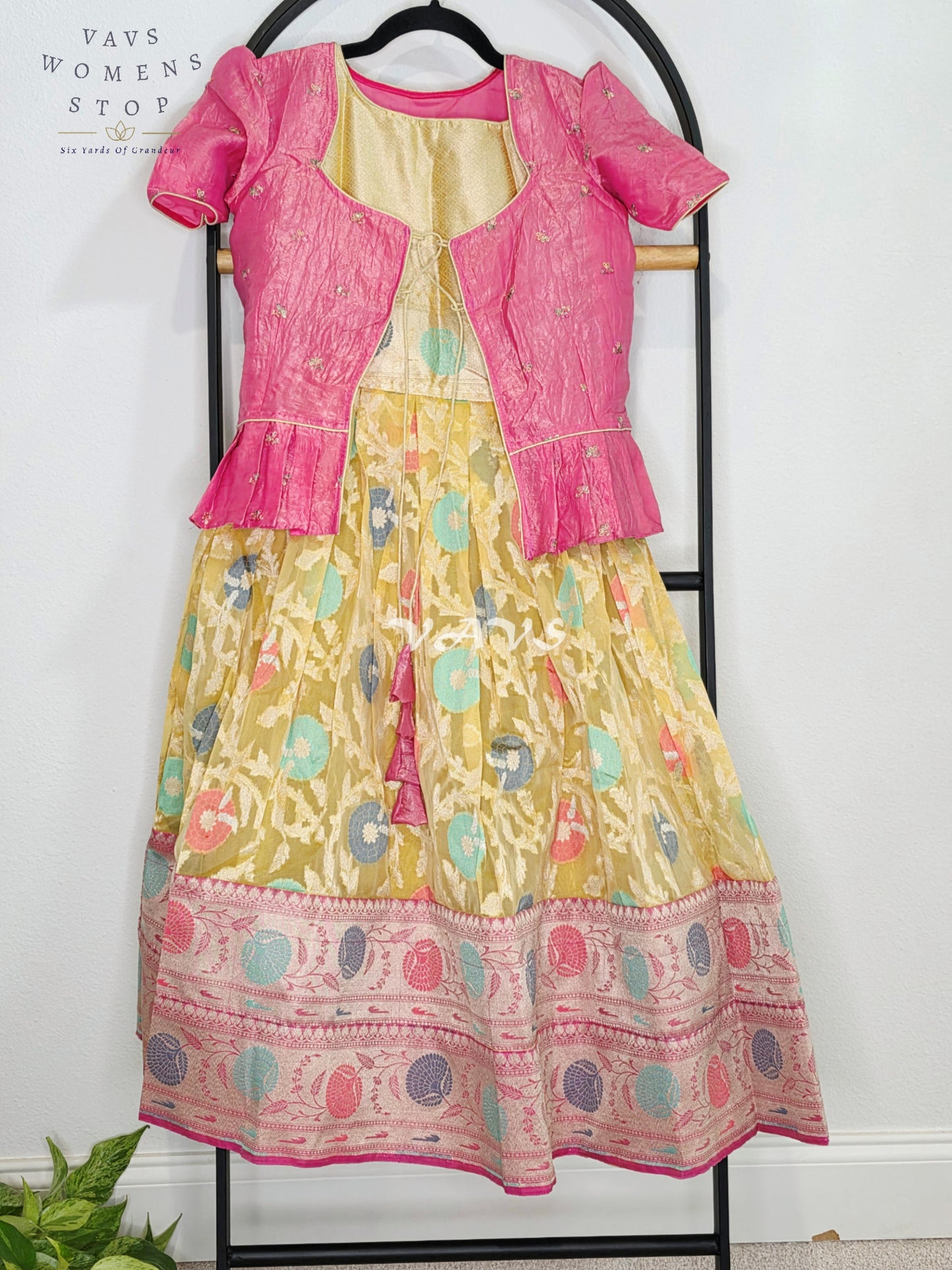 Royal Golden Marigold Designer Organza Long Frock with Rani Pink Tissue Crushed Silk Overcoat | Girls 7–8 Years