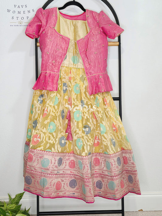 Royal Golden Marigold Designer Organza Long Frock with Rani Pink Tissue Crushed Silk Overcoat | Girls 7–8 Years
