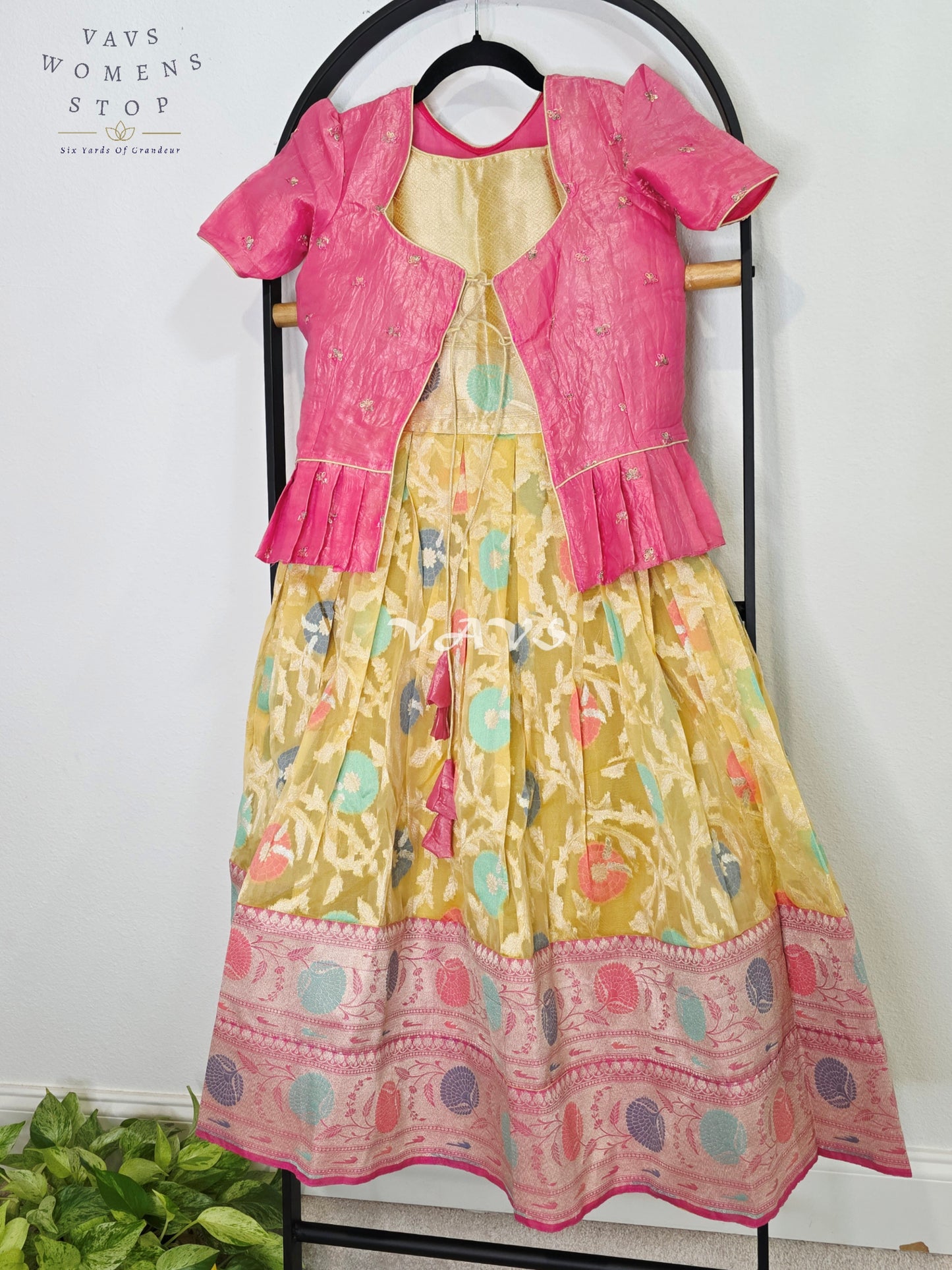 Royal Golden Marigold Designer Organza Long Frock with Rani Pink Tissue Crushed Silk Overcoat | Girls 7–8 Years