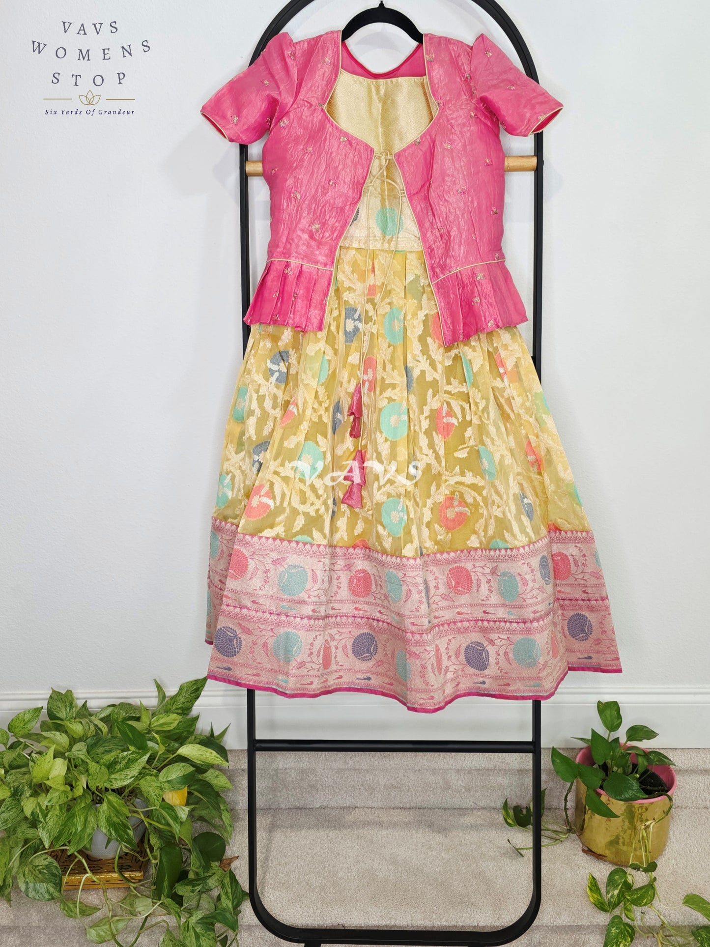 Royal Golden Marigold Designer Organza Long Frock with Rani Pink Tissue Crushed Silk Overcoat | Girls 7–8 Years
