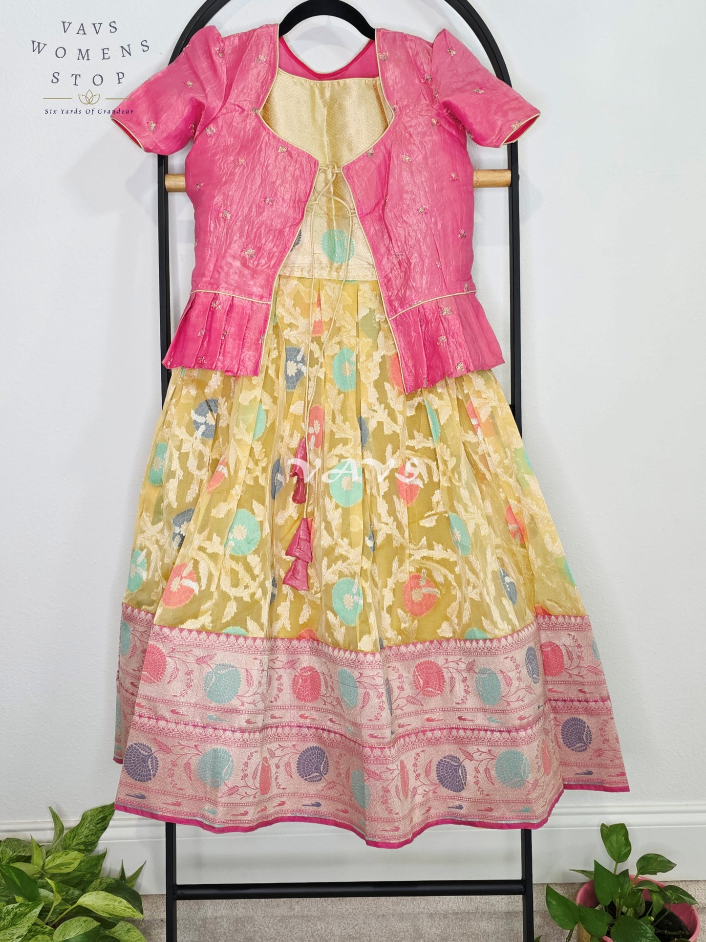 Royal Golden Marigold Designer Organza Long Frock with Rani Pink Tissue Crushed Silk Overcoat | Girls 7–8 Years