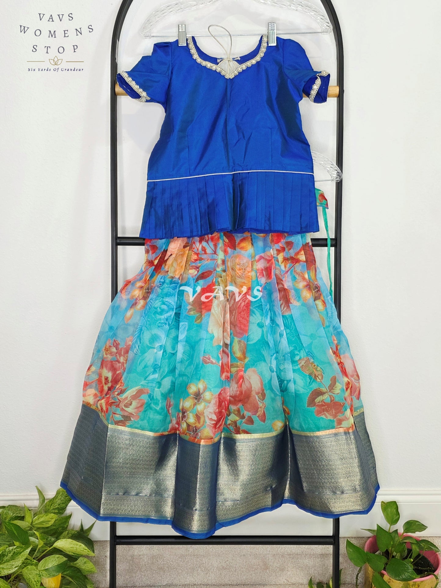 Royal Sapphire Blue Floral Print Designer Organza Lehenga Set with Silver Zari Border | Girls 5–6 Years