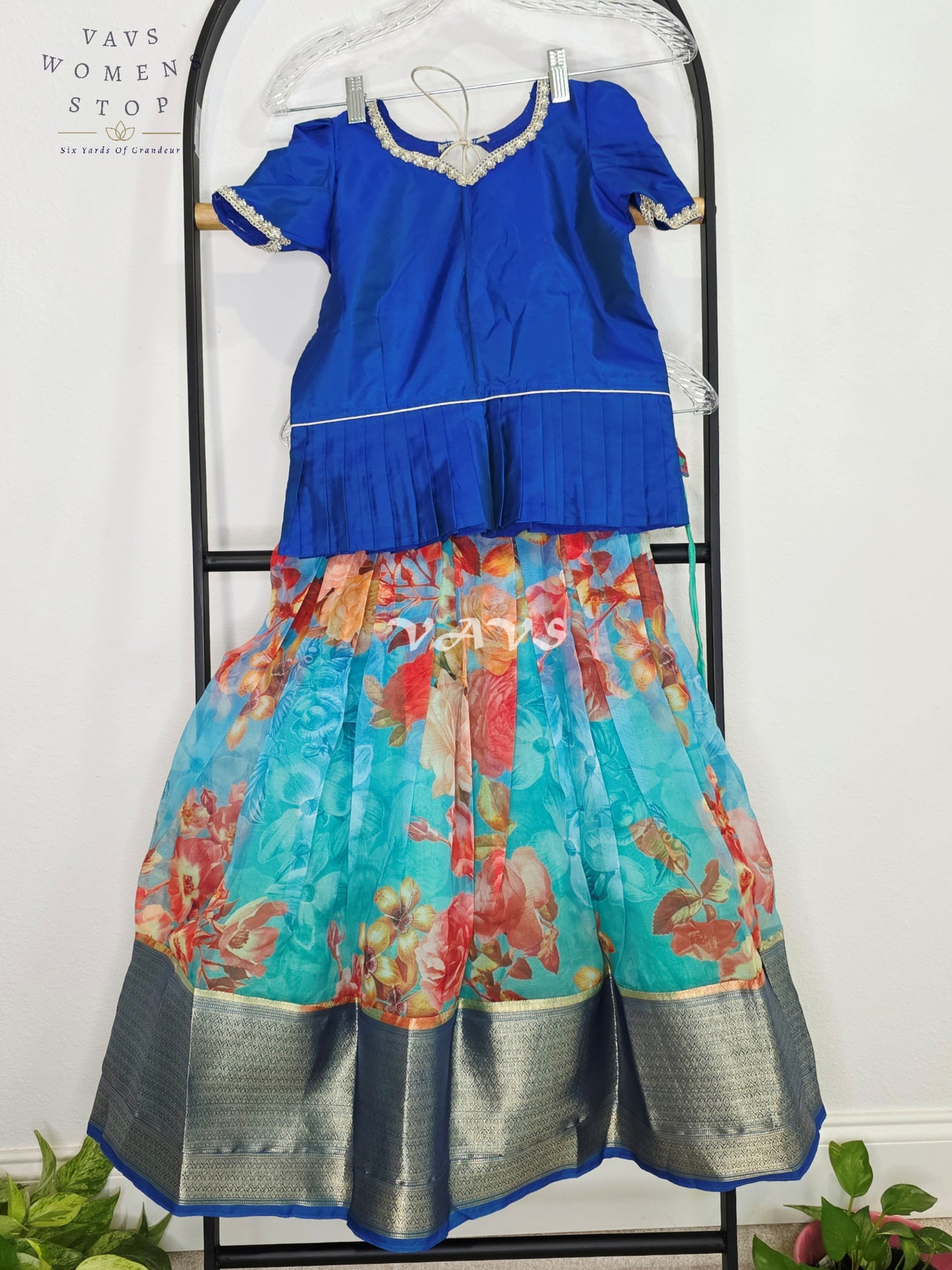 Royal Sapphire Blue Floral Print Designer Organza Lehenga Set with Silver Zari Border | Girls 5–6 Years