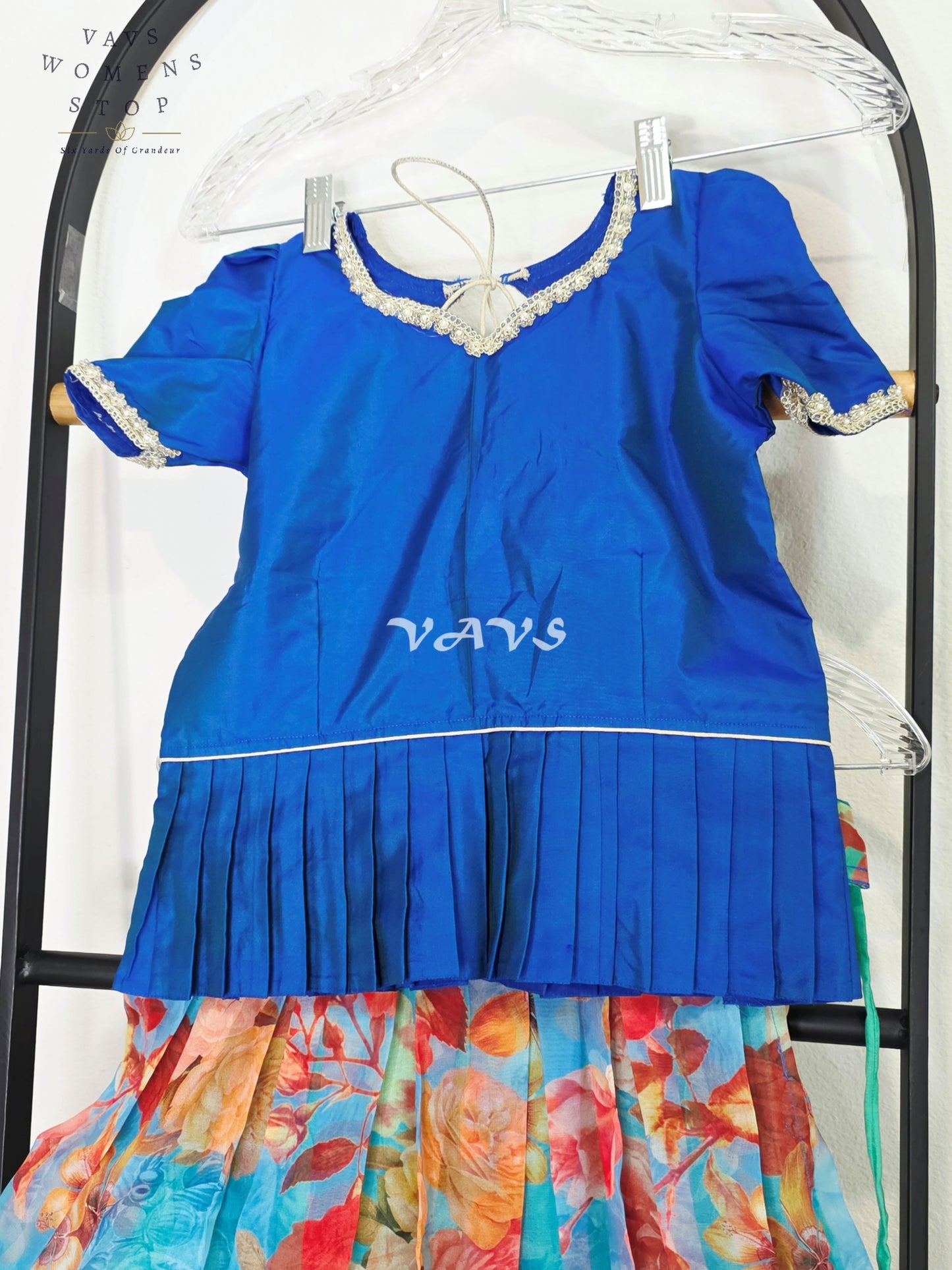 Royal Sapphire Blue Floral Print Designer Organza Lehenga Set with Silver Zari Border | Girls 5–6 Years