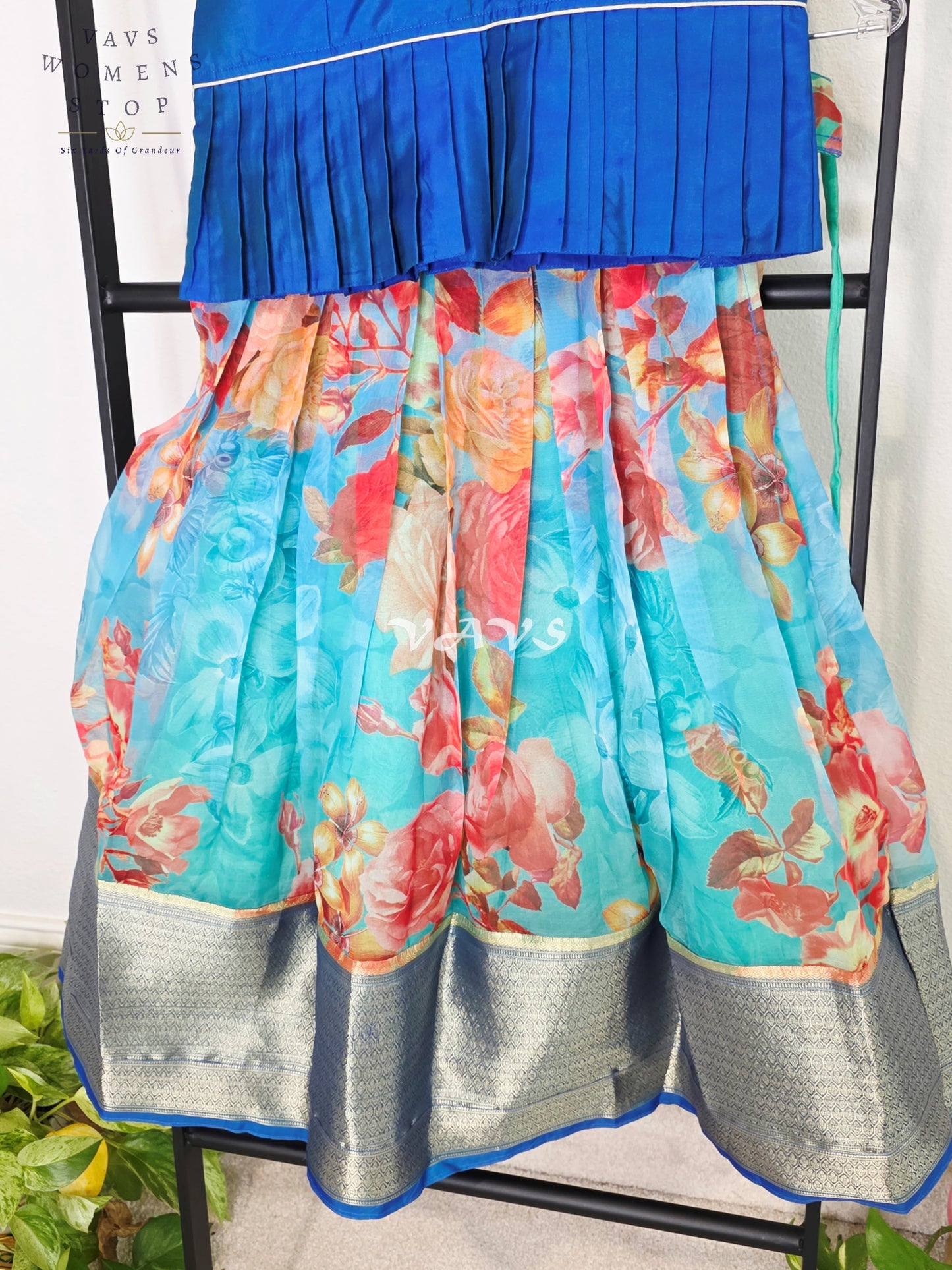 Royal Sapphire Blue Floral Print Designer Organza Lehenga Set with Silver Zari Border | Girls 5–6 Years