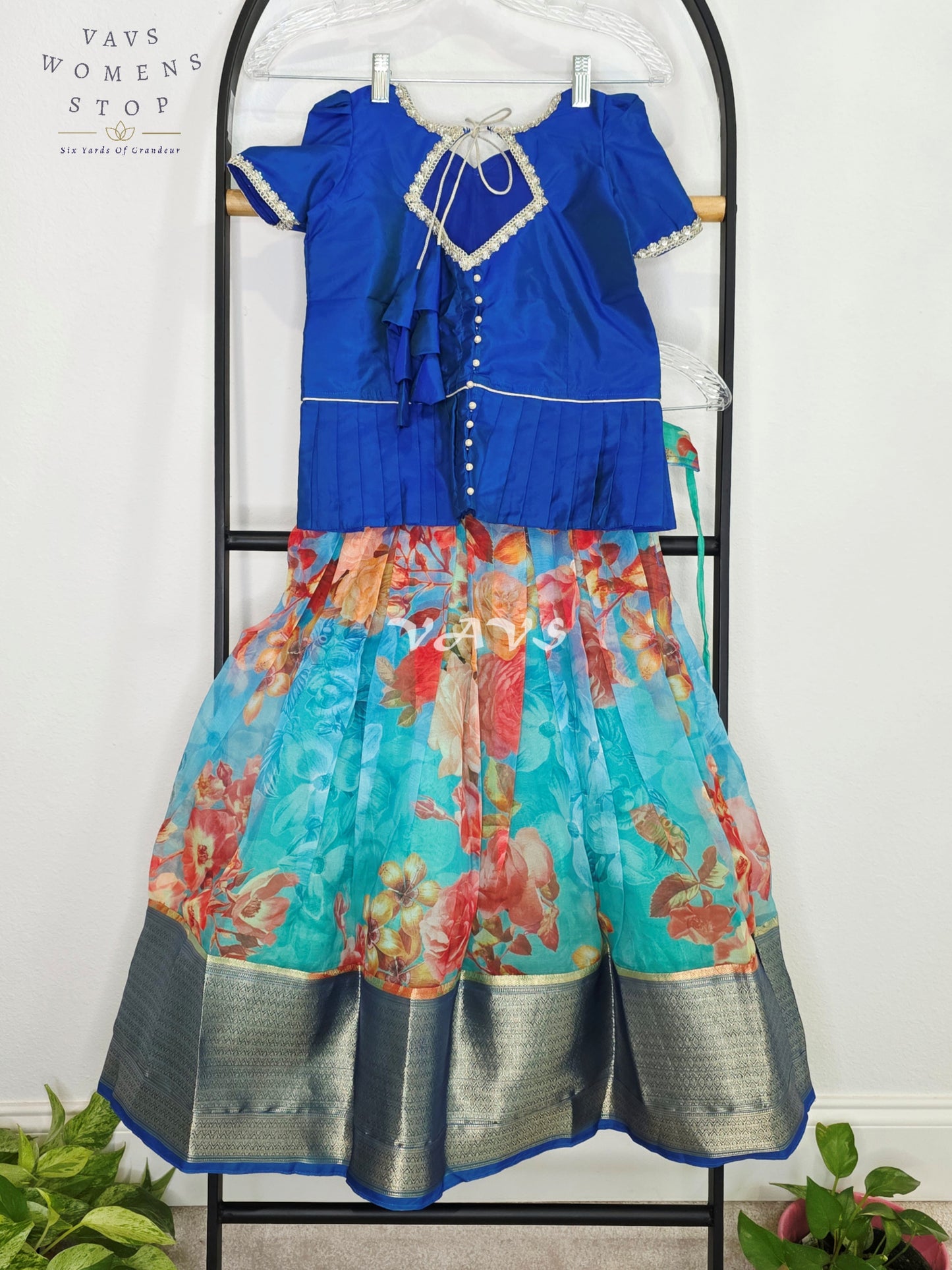 Royal Sapphire Blue Floral Print Designer Organza Lehenga Set with Silver Zari Border | Girls 5–6 Years