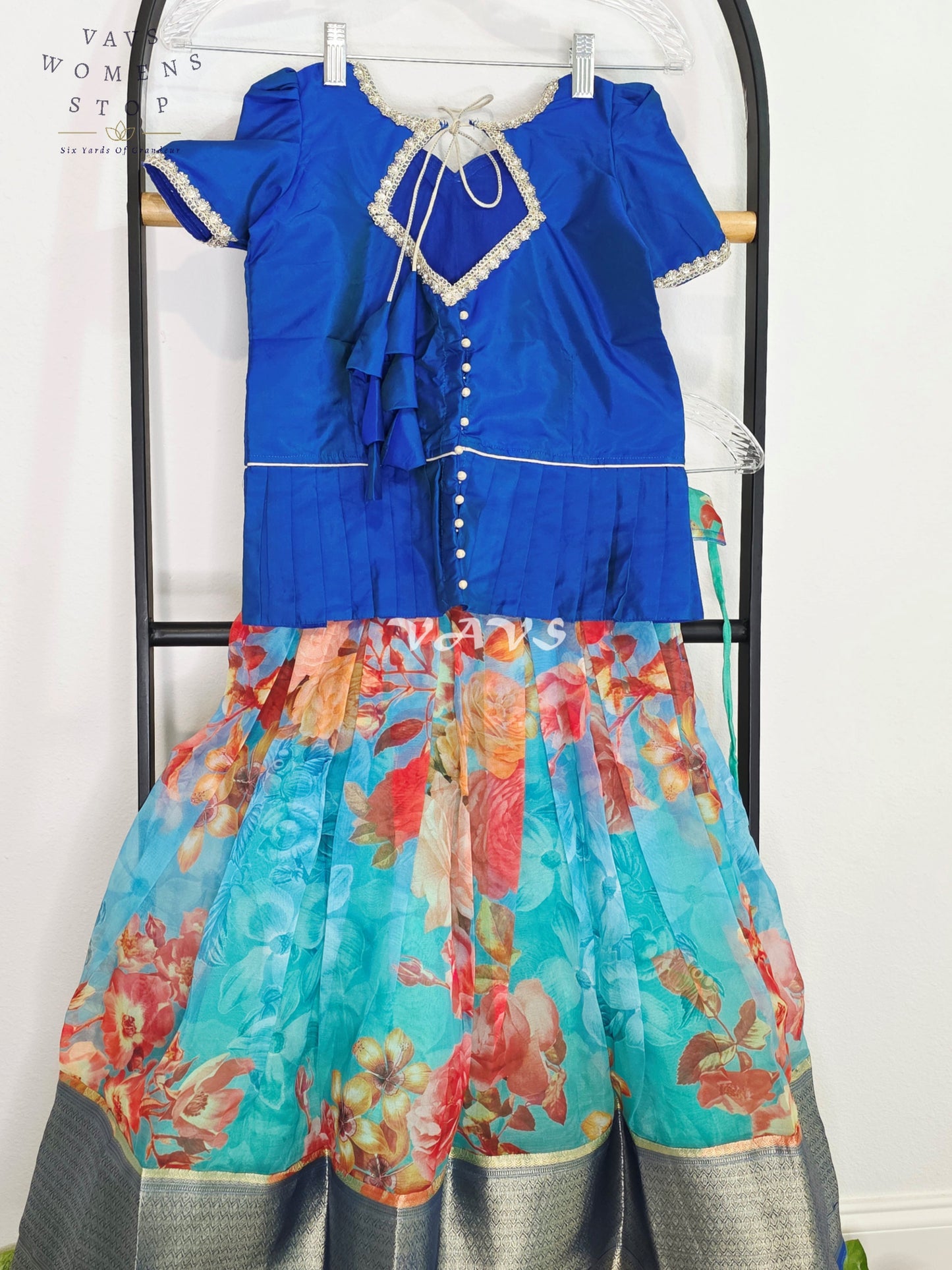 Royal Sapphire Blue Floral Print Designer Organza Lehenga Set with Silver Zari Border | Girls 5–6 Years