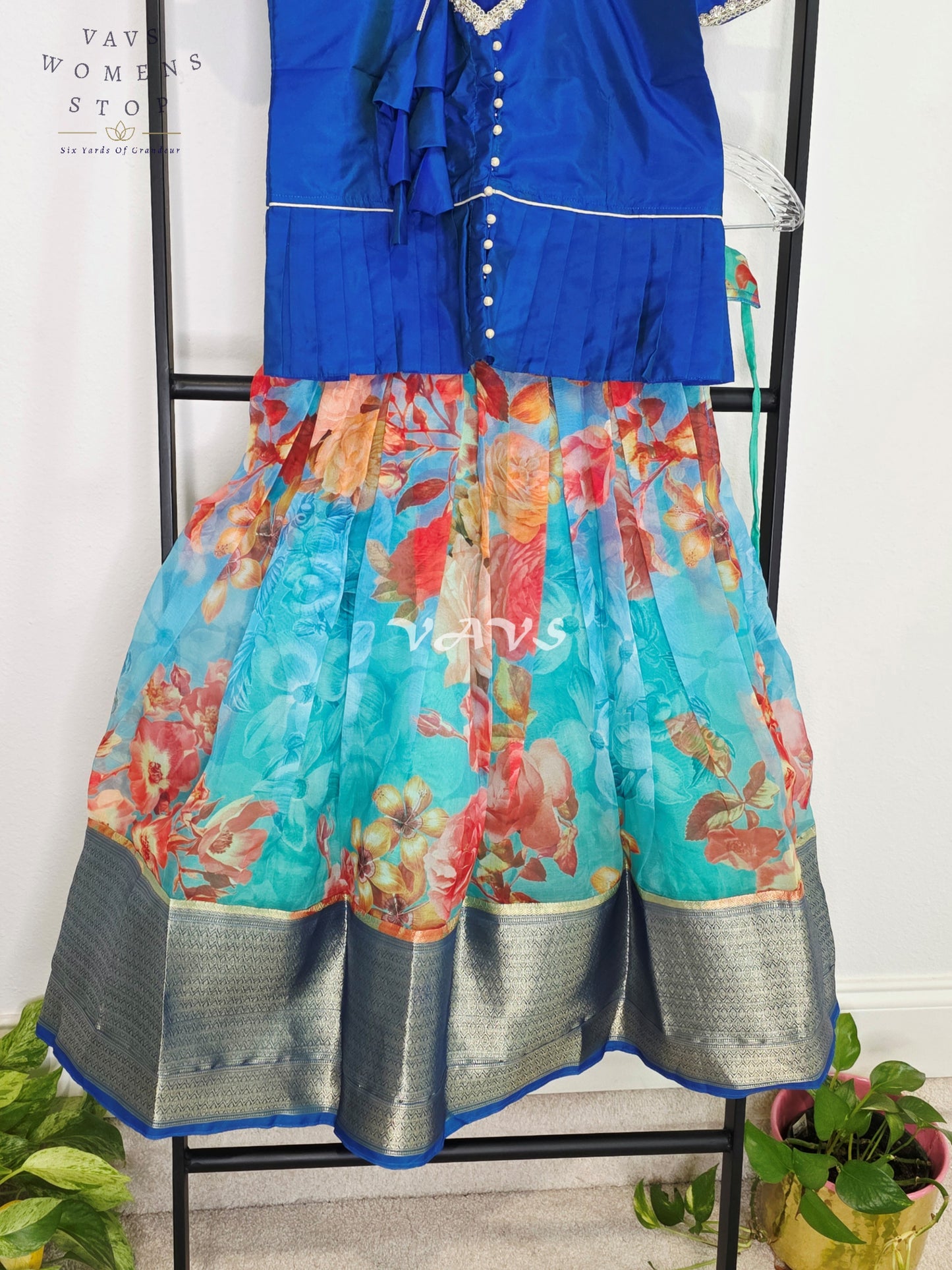 Royal Sapphire Blue Floral Print Designer Organza Lehenga Set with Silver Zari Border | Girls 5–6 Years