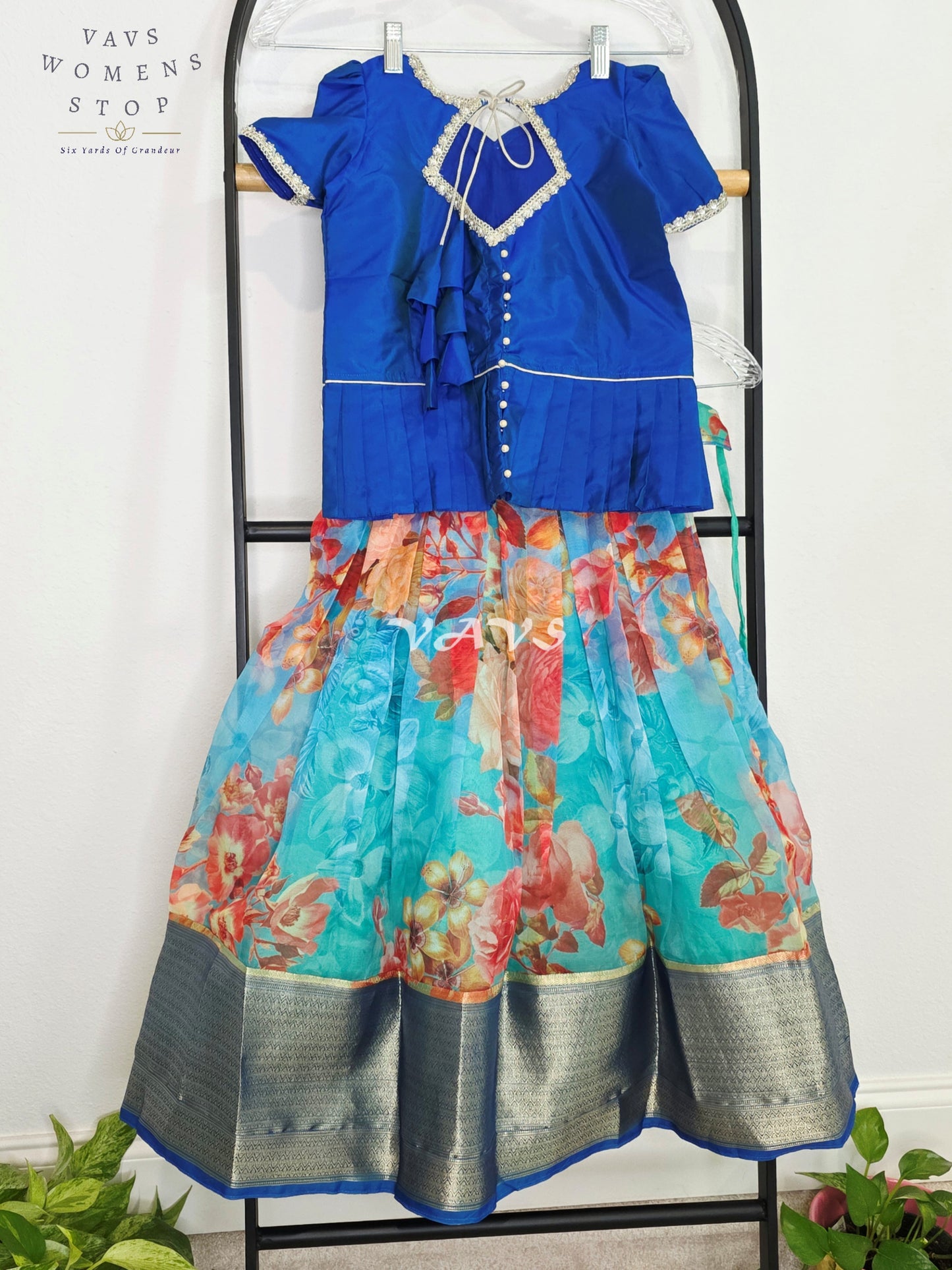 Royal Sapphire Blue Floral Print Designer Organza Lehenga Set with Silver Zari Border | Girls 5–6 Years