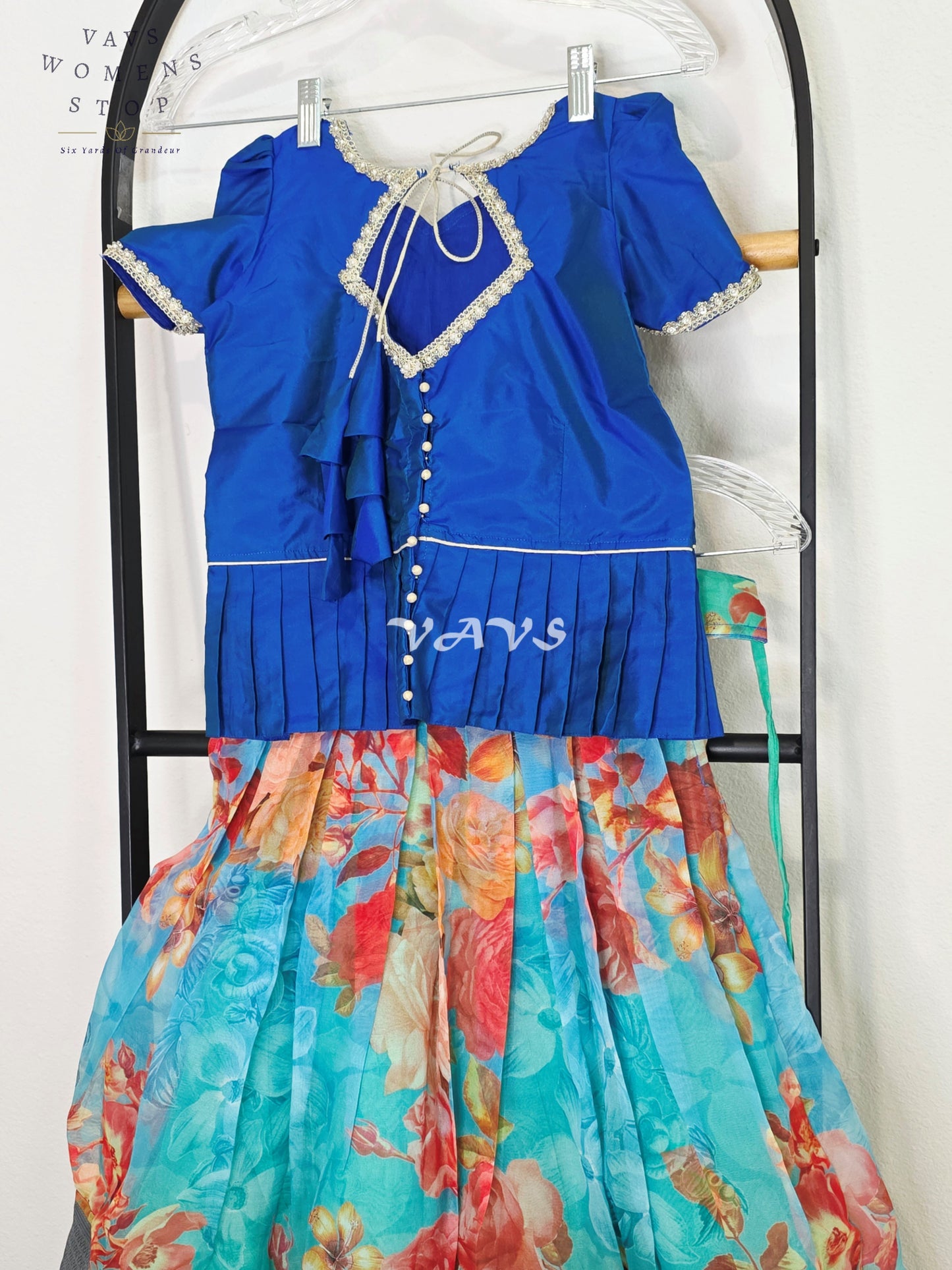 Royal Sapphire Blue Floral Print Designer Organza Lehenga Set with Silver Zari Border | Girls 5–6 Years