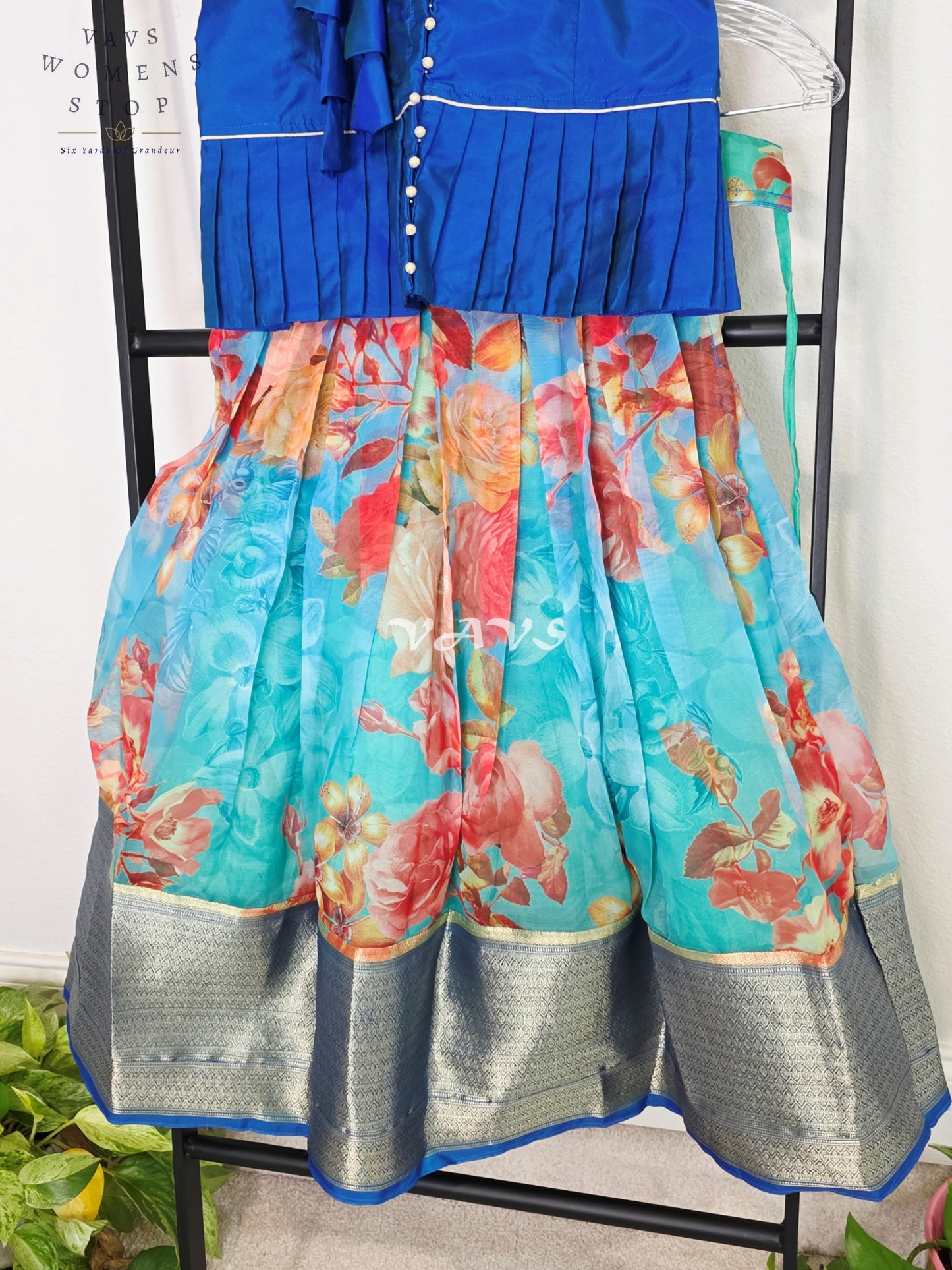 Royal Sapphire Blue Floral Print Designer Organza Lehenga Set with Silver Zari Border | Girls 5–6 Years