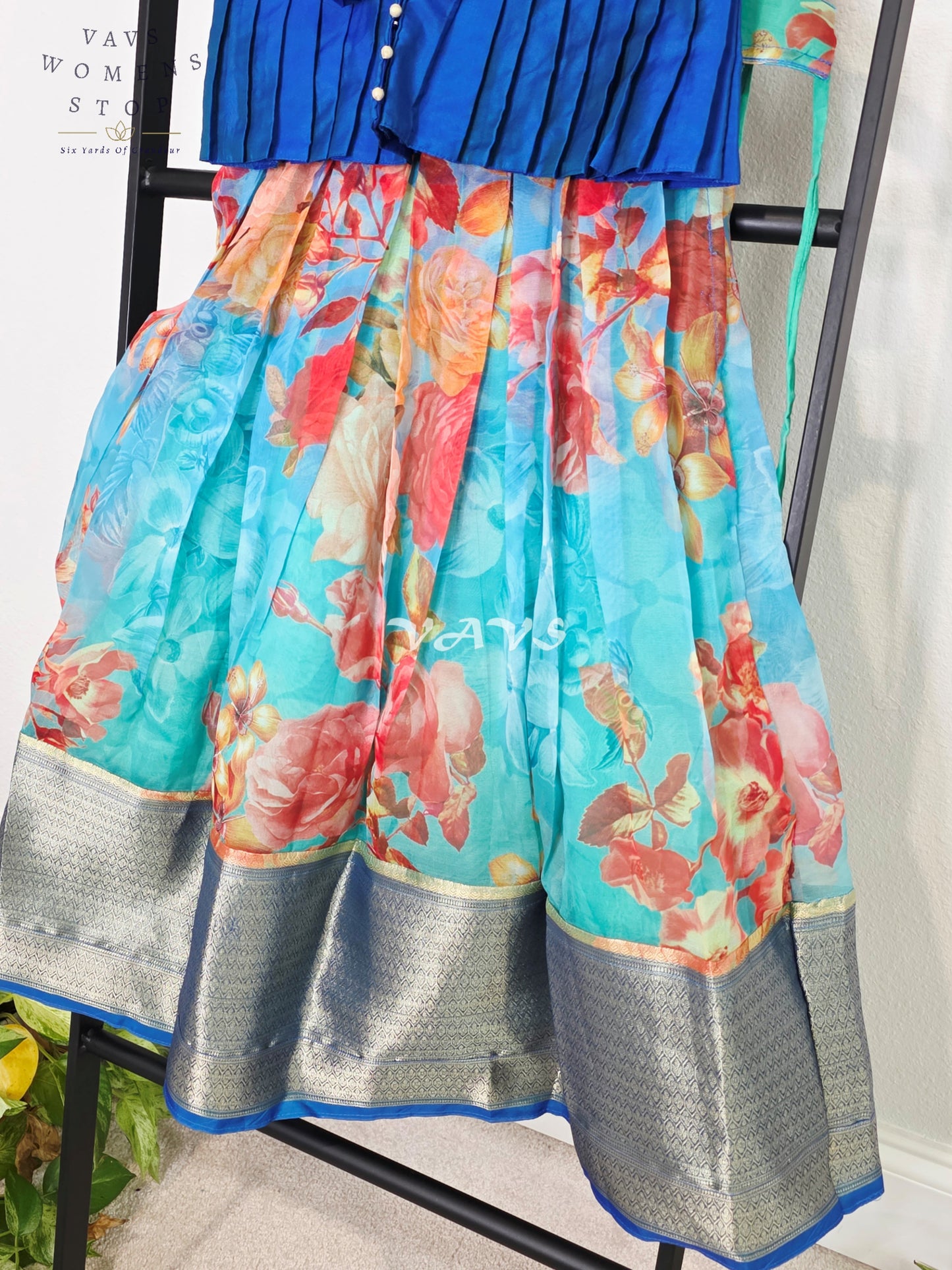 Royal Sapphire Blue Floral Print Designer Organza Lehenga Set with Silver Zari Border | Girls 5–6 Years