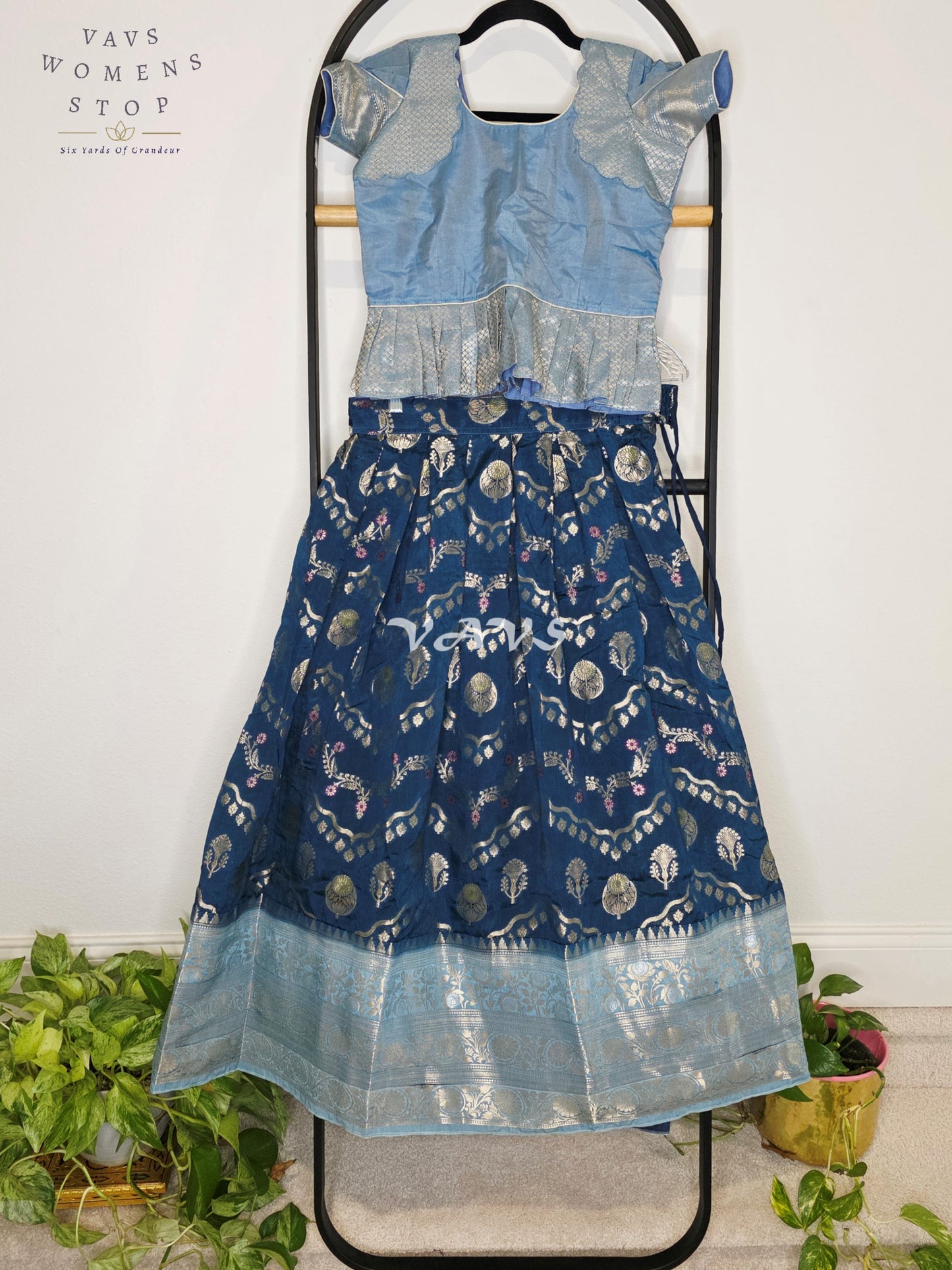 Royal Midnight Navy Designer Benarasi Silk Lehenga Set with Ice Blue Zari Peplum Blouse | Girls 8–9 Years
