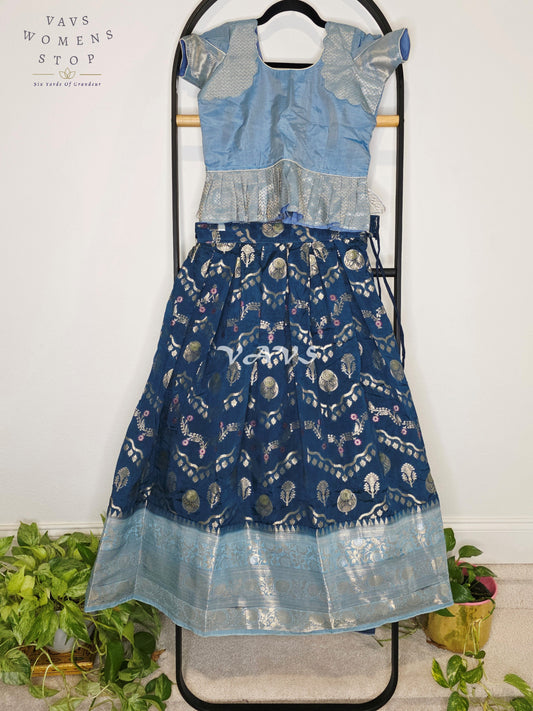 Royal Midnight Navy Designer Benarasi Silk Lehenga Set with Ice Blue Zari Peplum Blouse | Girls 8–9 Years
