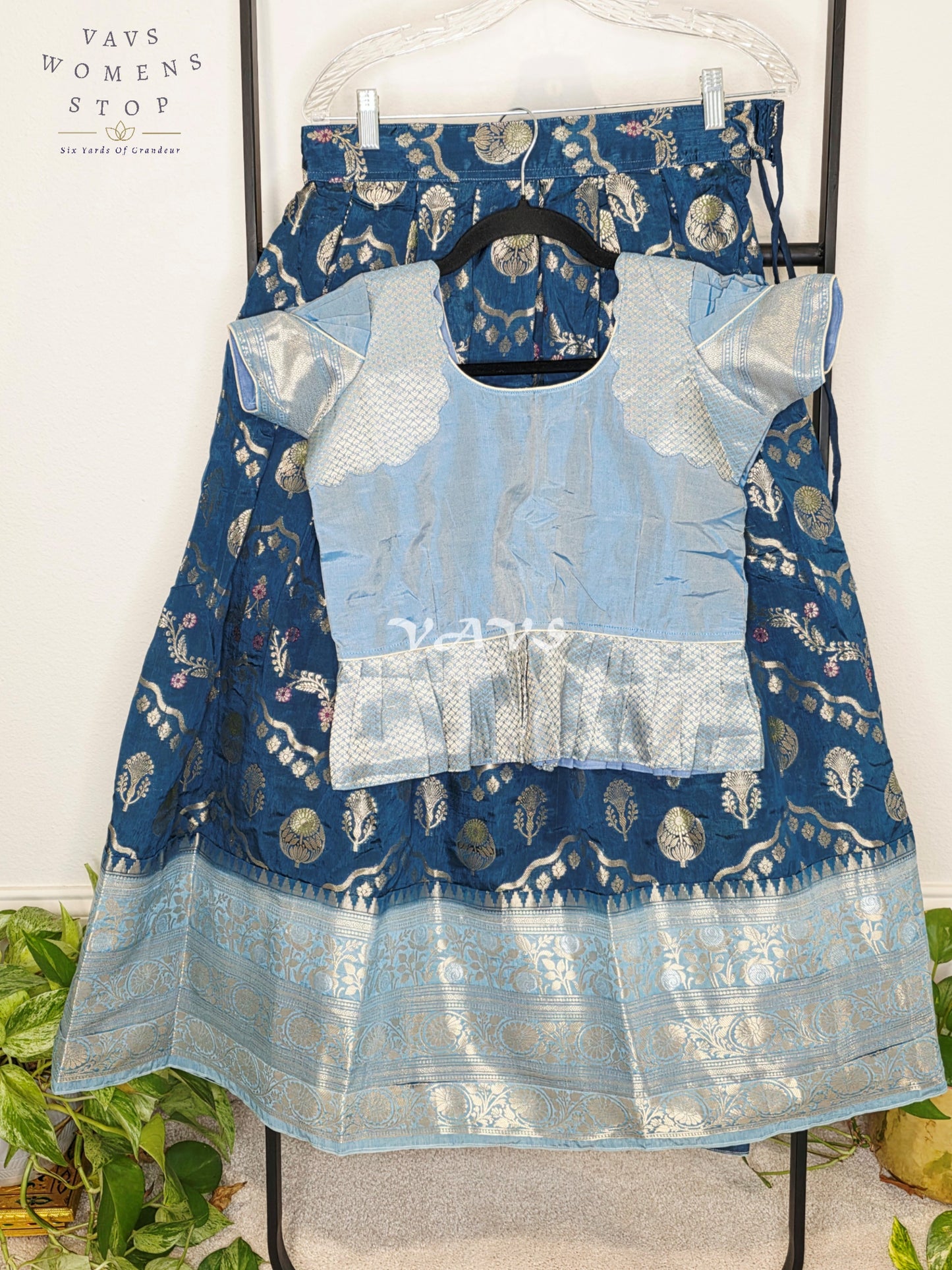 Royal Midnight Navy Designer Benarasi Silk Lehenga Set with Ice Blue Zari Peplum Blouse | Girls 8–9 Years