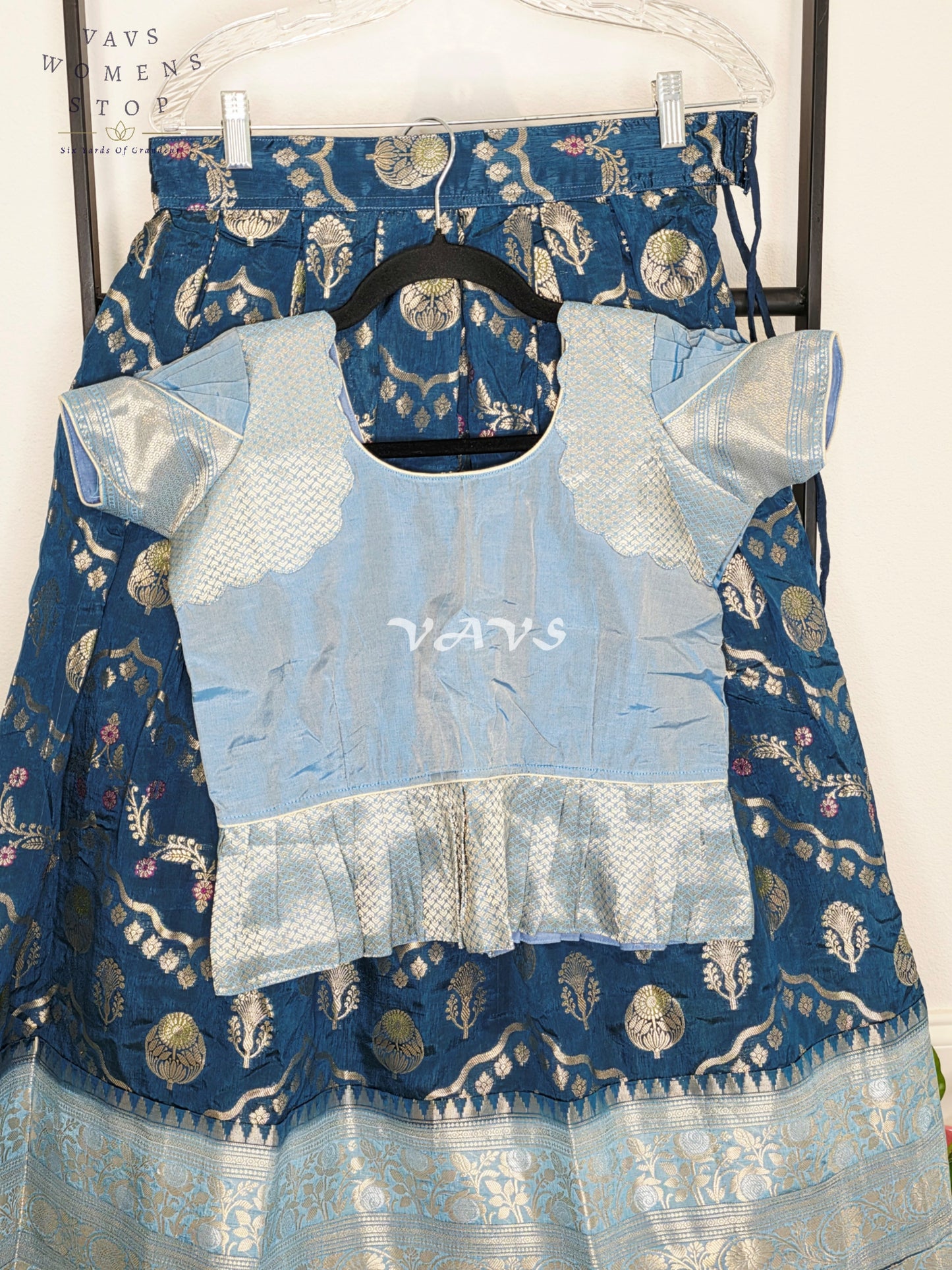 Royal Midnight Navy Designer Benarasi Silk Lehenga Set with Ice Blue Zari Peplum Blouse | Girls 8–9 Years