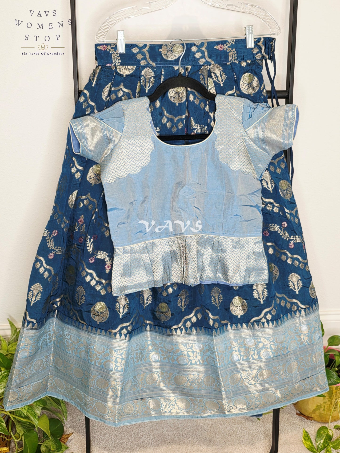 Royal Midnight Navy Designer Benarasi Silk Lehenga Set with Ice Blue Zari Peplum Blouse | Girls 8–9 Years