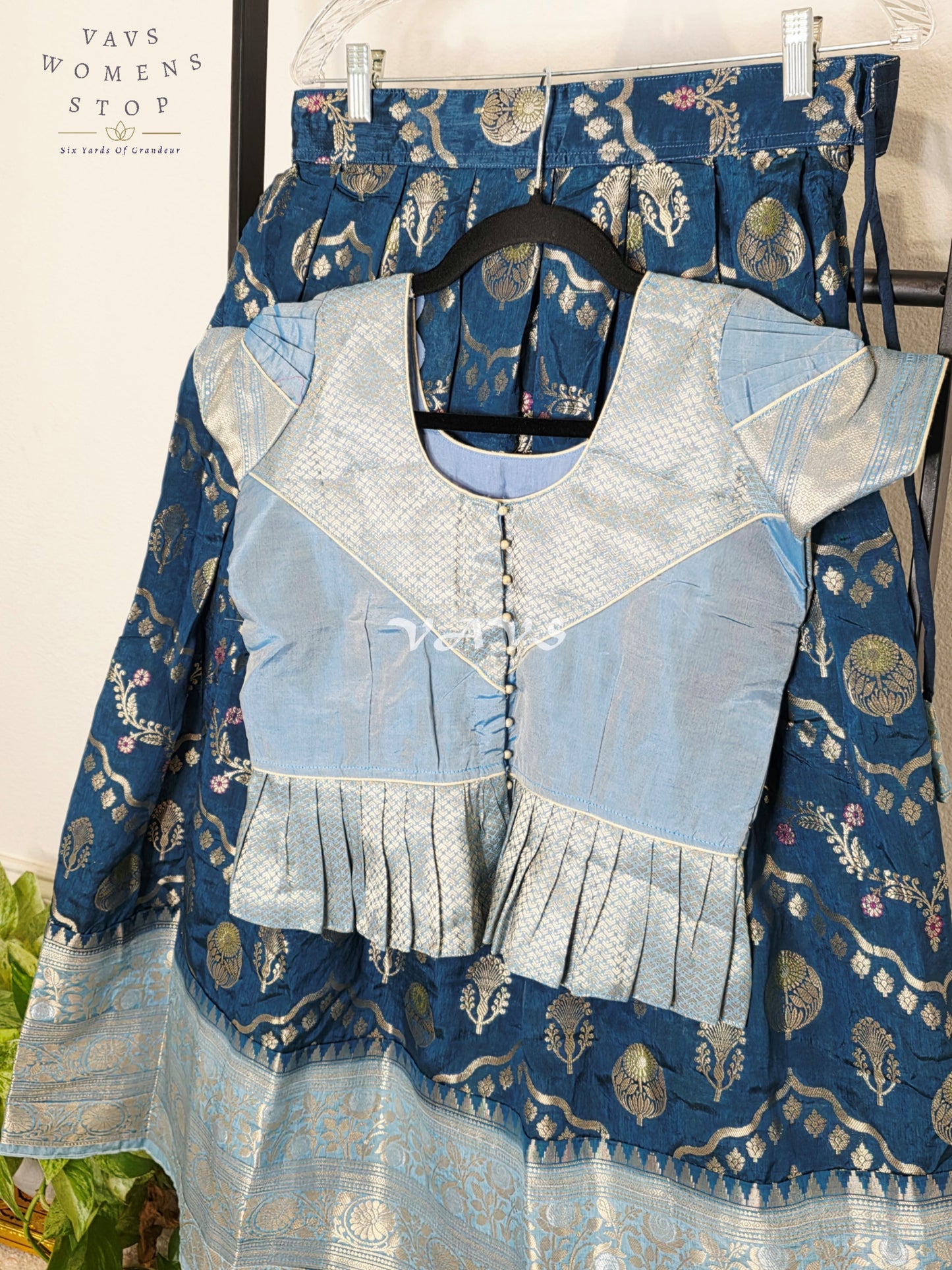 Royal Midnight Navy Designer Benarasi Silk Lehenga Set with Ice Blue Zari Peplum Blouse | Girls 8–9 Years