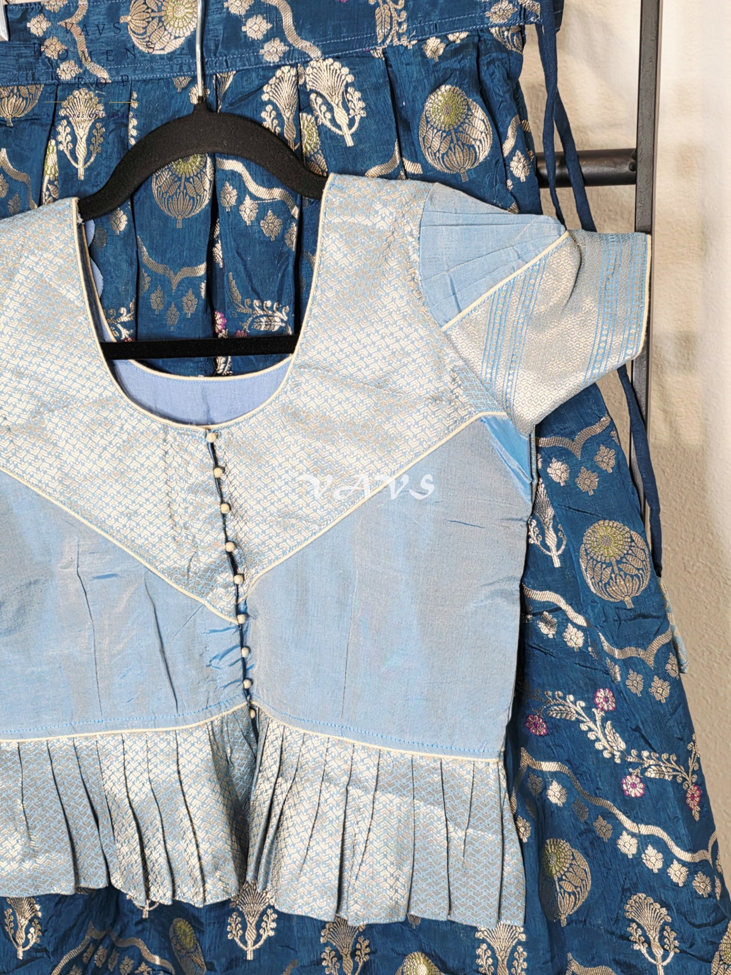 Royal Midnight Navy Designer Benarasi Silk Lehenga Set with Ice Blue Zari Peplum Blouse | Girls 8–9 Years