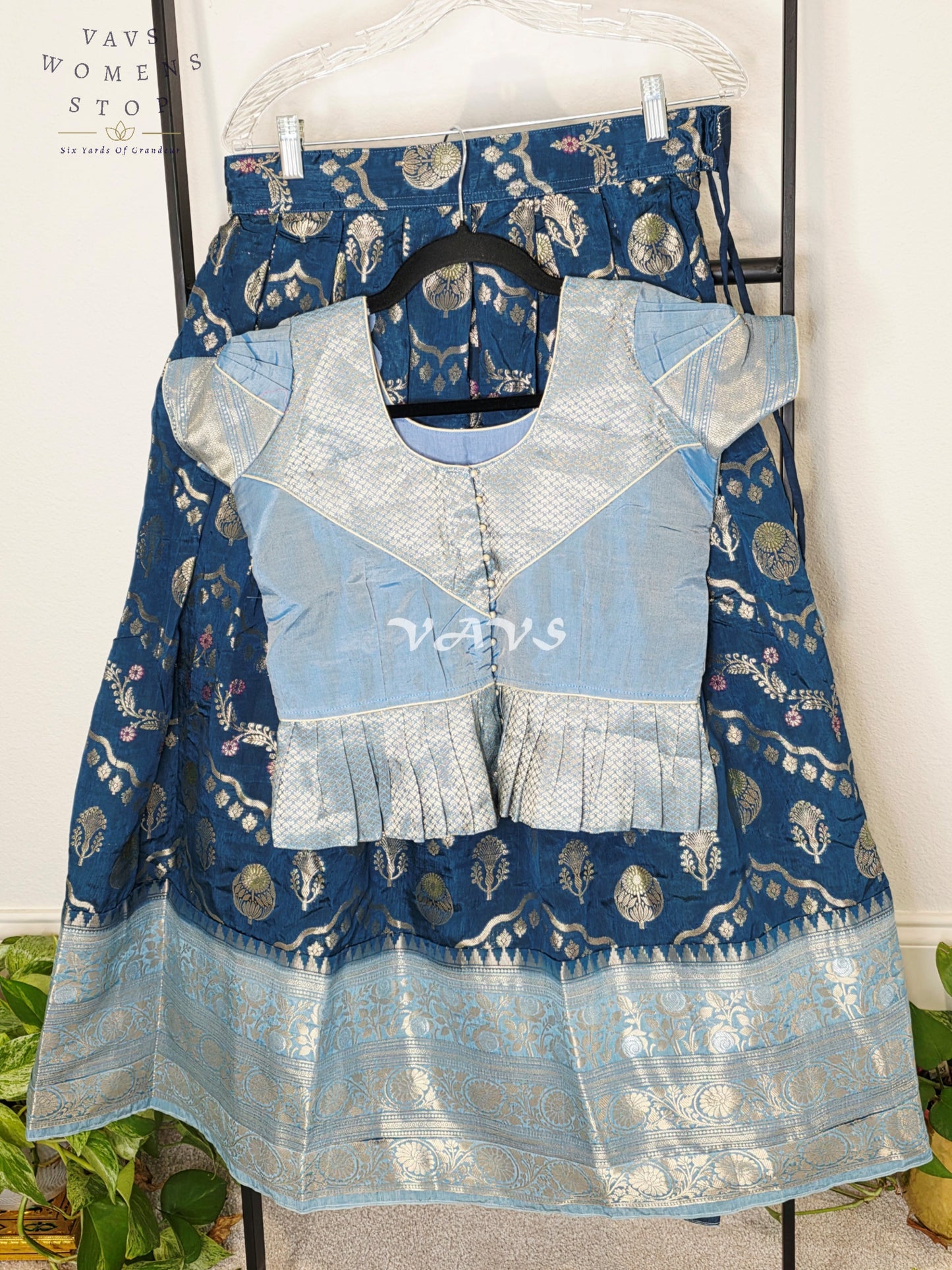 Royal Midnight Navy Designer Benarasi Silk Lehenga Set with Ice Blue Zari Peplum Blouse | Girls 8–9 Years