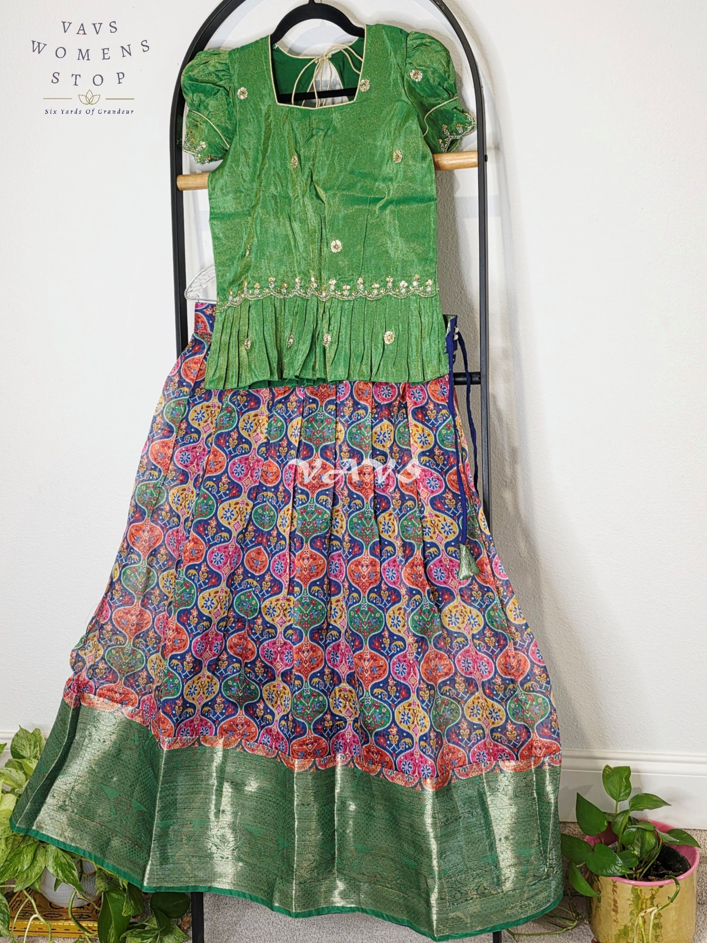 Royal Emerald Green Patola Print Organza Lehenga Set with Designer Tissue Embellished Peplum Blouse | Girls 11–12 Years