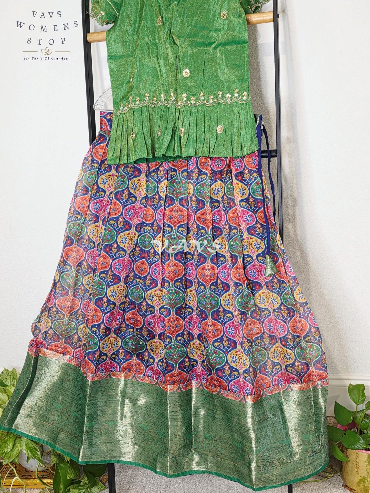 Royal Emerald Green Patola Print Organza Lehenga Set with Designer Tissue Embellished Peplum Blouse | Girls 11–12 Years
