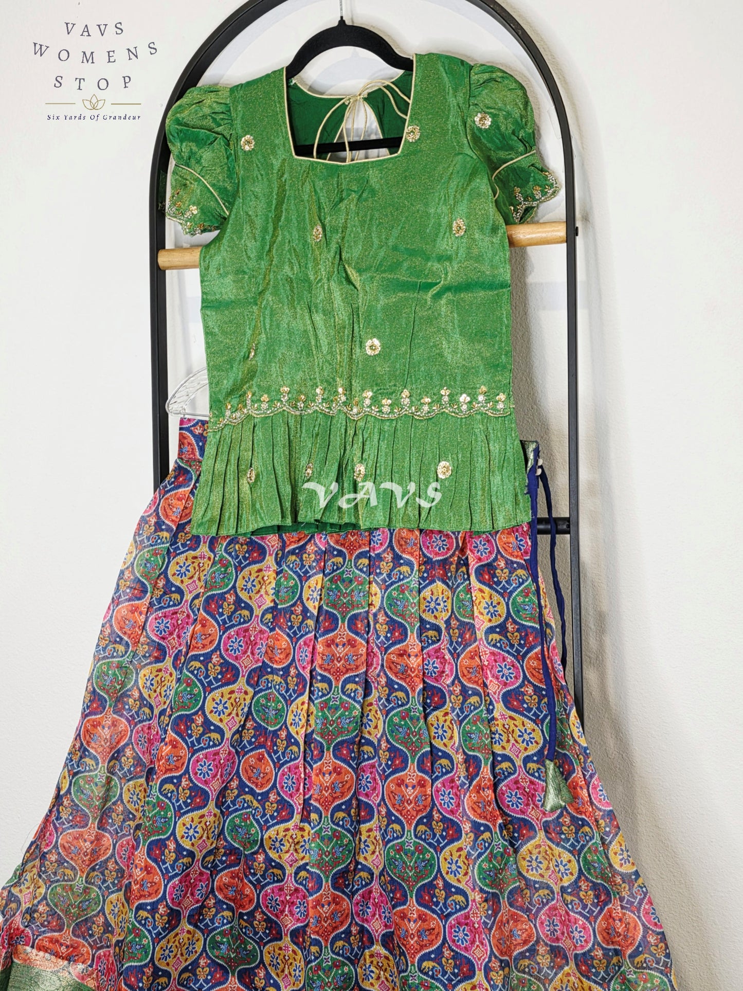 Royal Emerald Green Patola Print Organza Lehenga Set with Designer Tissue Embellished Peplum Blouse | Girls 11–12 Years