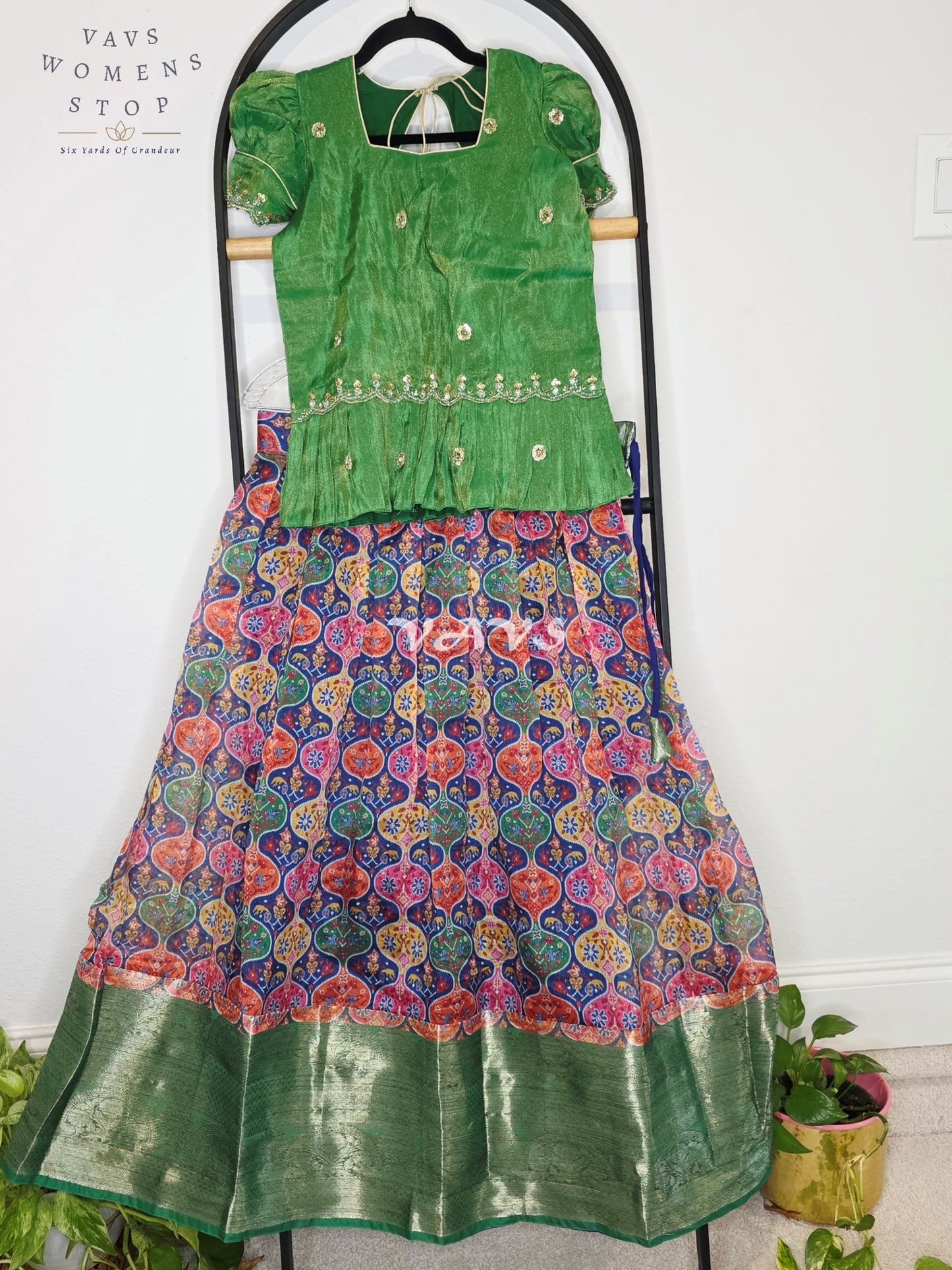 Royal Emerald Green Patola Print Organza Lehenga Set with Designer Tissue Embellished Peplum Blouse | Girls 11–12 Years