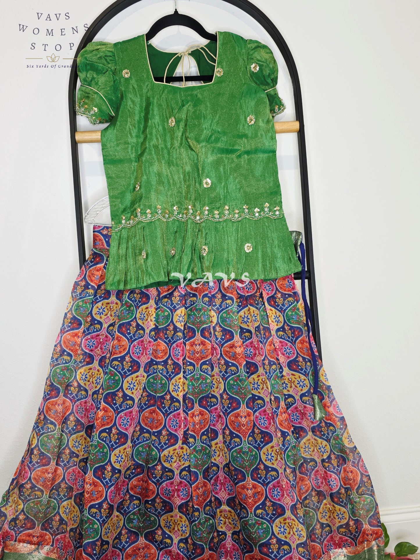 Royal Emerald Green Patola Print Organza Lehenga Set with Designer Tissue Embellished Peplum Blouse | Girls 11–12 Years