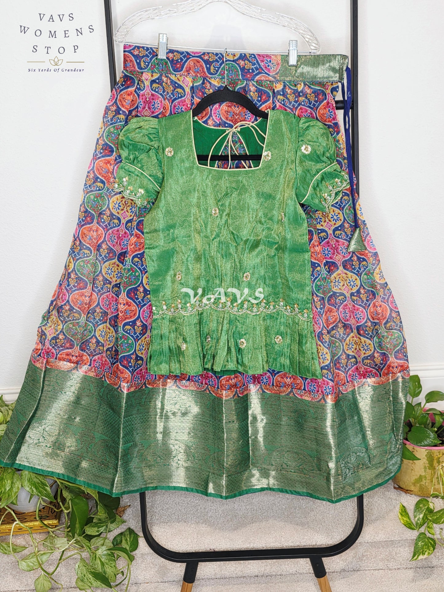 Royal Emerald Green Patola Print Organza Lehenga Set with Designer Tissue Embellished Peplum Blouse | Girls 11–12 Years