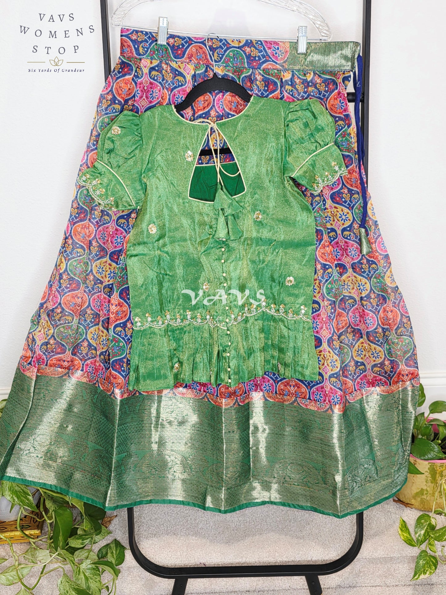Royal Emerald Green Patola Print Organza Lehenga Set with Designer Tissue Embellished Peplum Blouse | Girls 11–12 Years