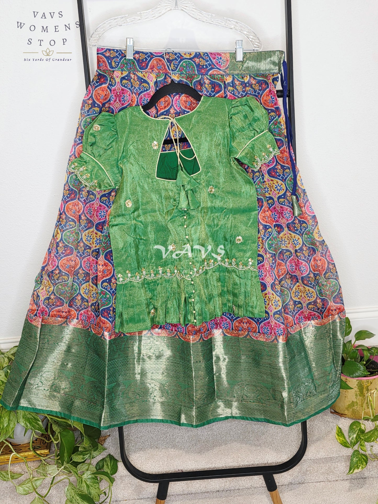 Royal Emerald Green Patola Print Organza Lehenga Set with Designer Tissue Embellished Peplum Blouse | Girls 11–12 Years