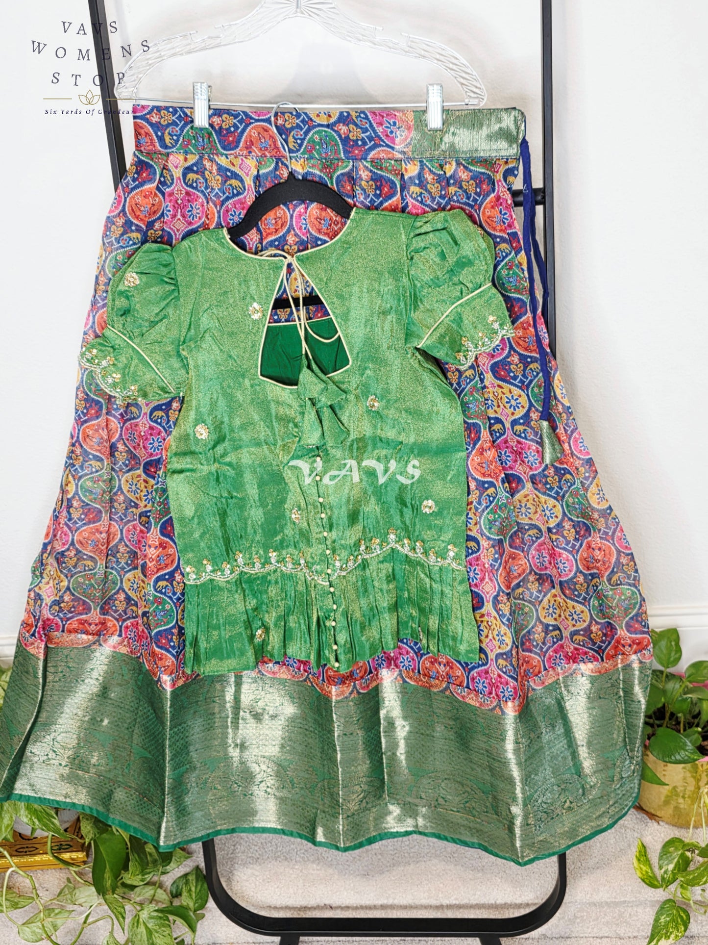 Royal Emerald Green Patola Print Organza Lehenga Set with Designer Tissue Embellished Peplum Blouse | Girls 11–12 Years