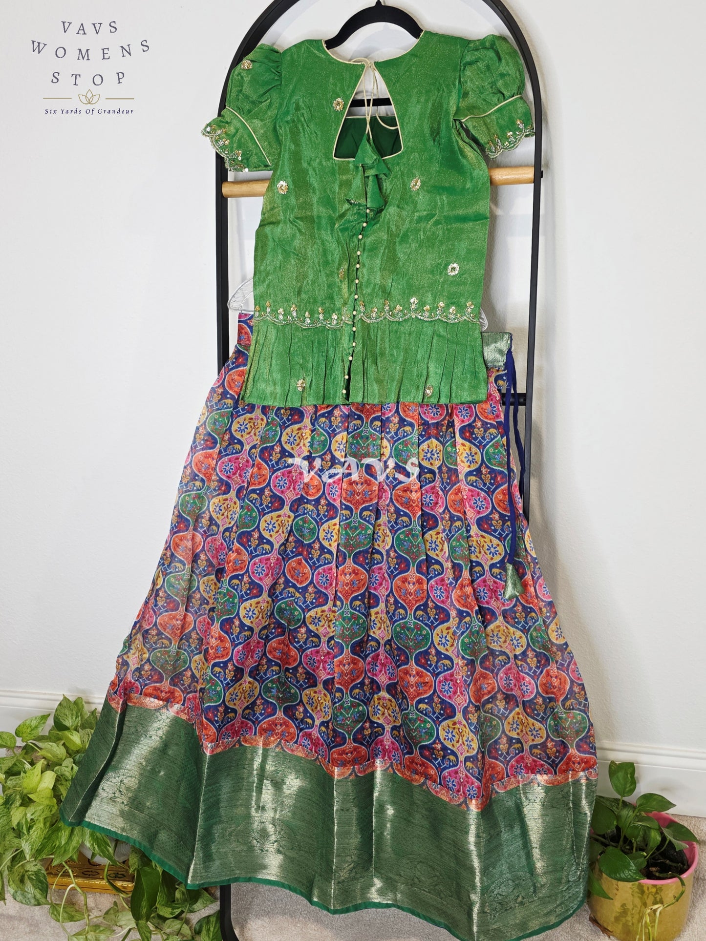 Royal Emerald Green Patola Print Organza Lehenga Set with Designer Tissue Embellished Peplum Blouse | Girls 11–12 Years