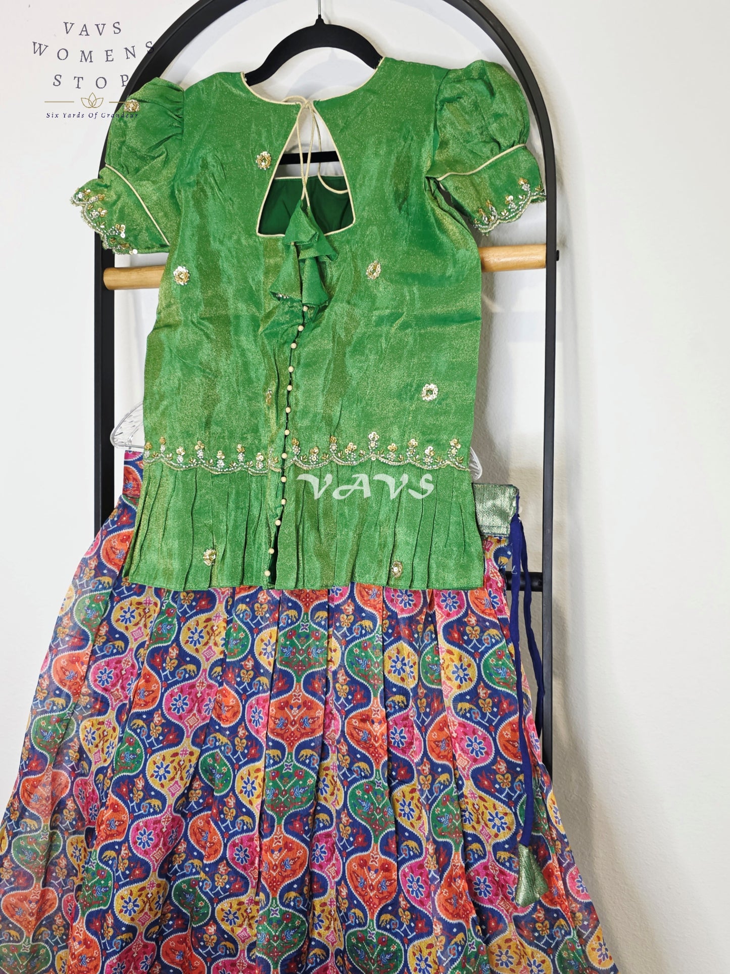 Royal Emerald Green Patola Print Organza Lehenga Set with Designer Tissue Embellished Peplum Blouse | Girls 11–12 Years