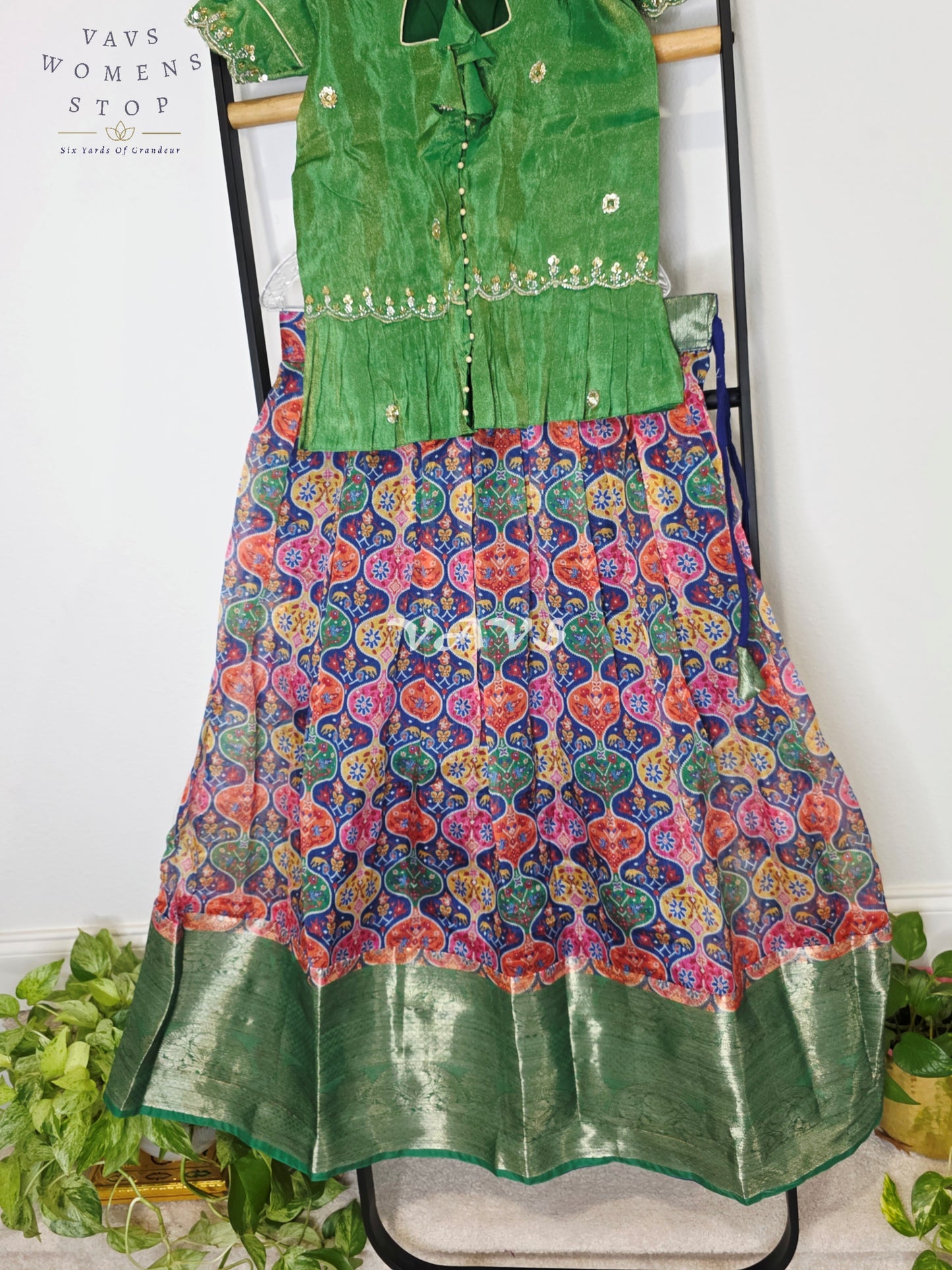 Royal Emerald Green Patola Print Organza Lehenga Set with Designer Tissue Embellished Peplum Blouse | Girls 11–12 Years