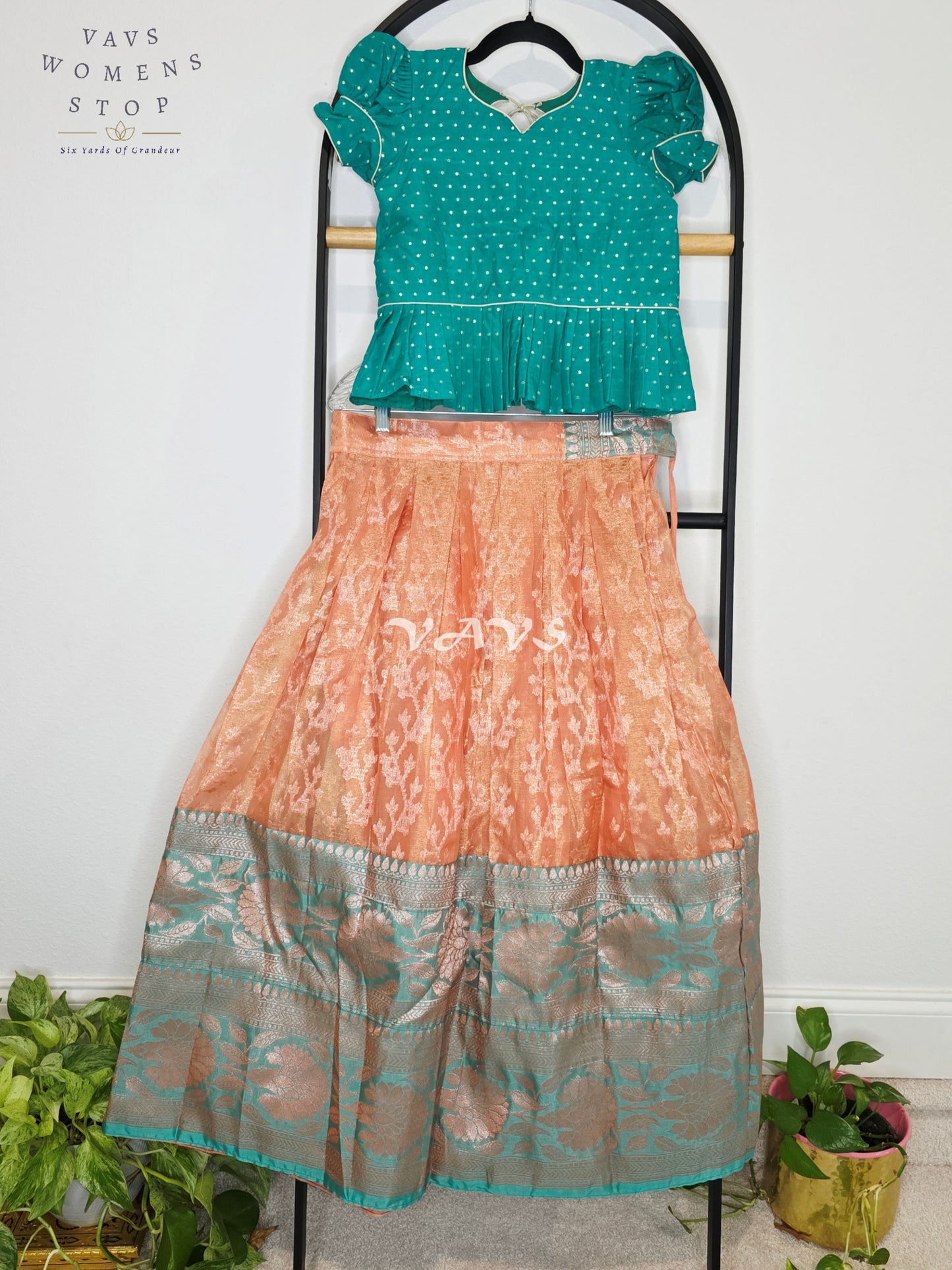 Royal Peach Blossom Organza Lehenga Set with Emerald Teal Polka Dot Designer Peplum Blouse | Girls 9–10 Years