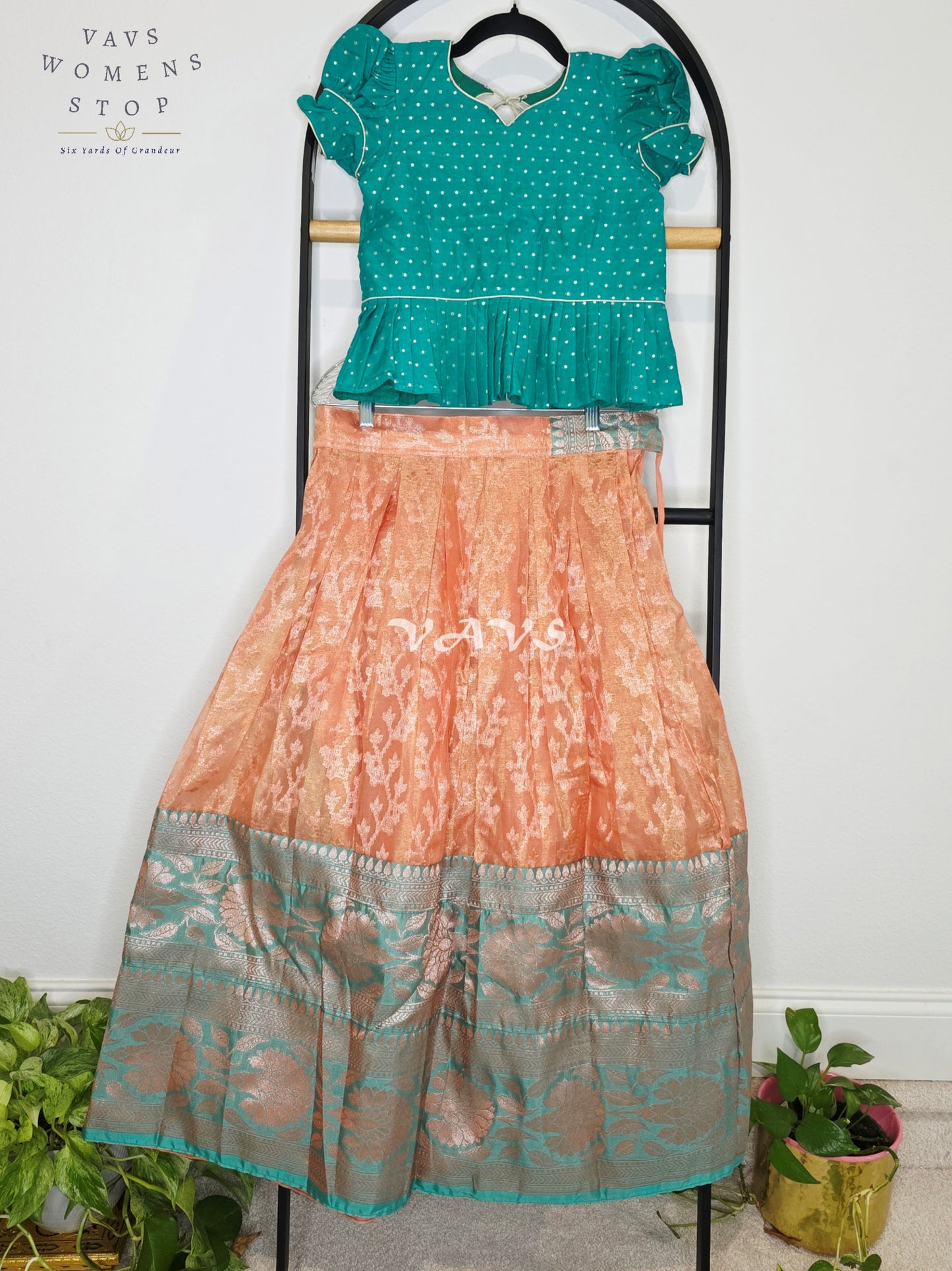 Royal Peach Blossom Organza Lehenga Set with Emerald Teal Polka Dot Designer Peplum Blouse | Girls 9–10 Years
