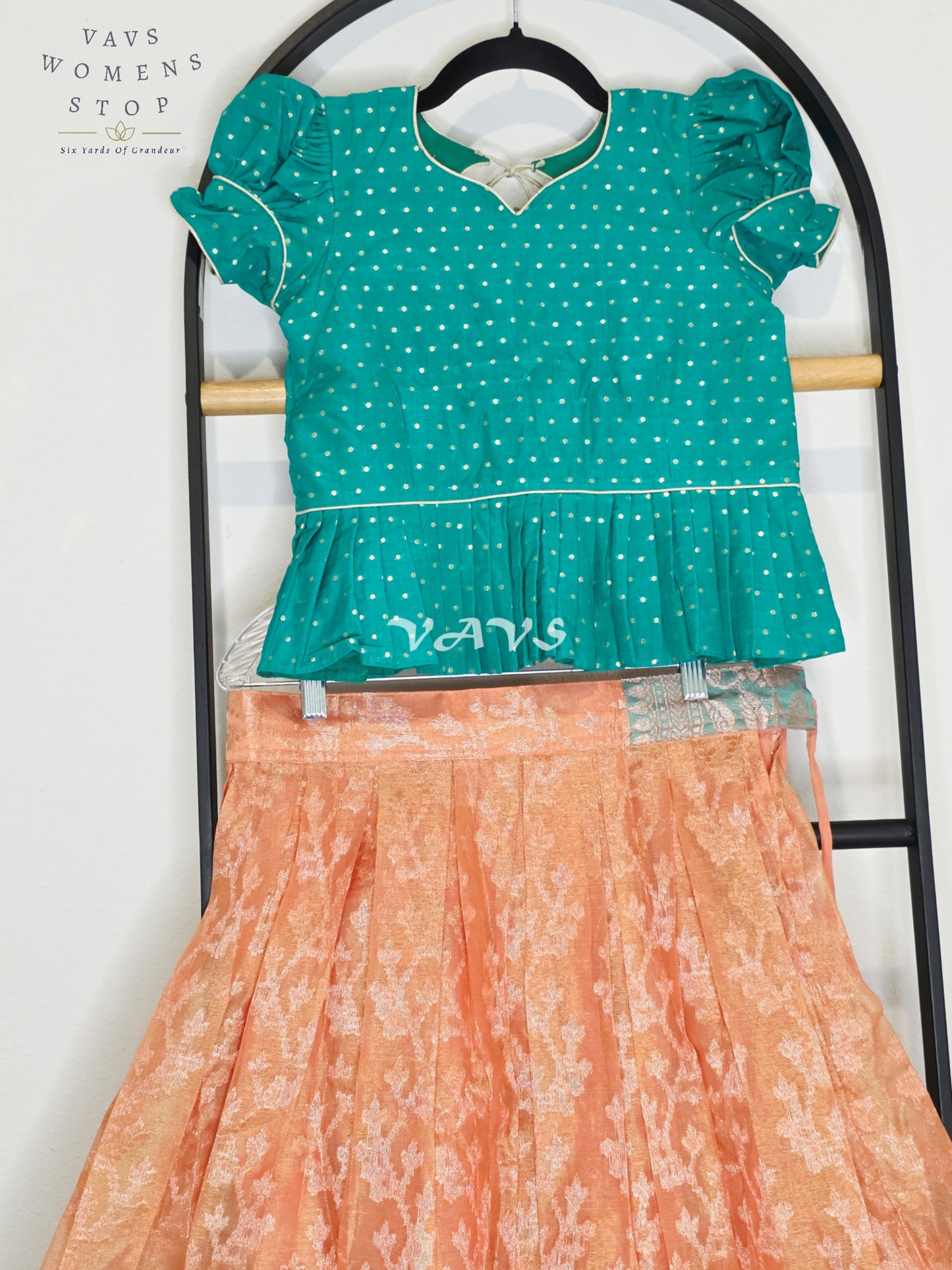 Royal Peach Blossom Organza Lehenga Set with Emerald Teal Polka Dot Designer Peplum Blouse | Girls 9–10 Years