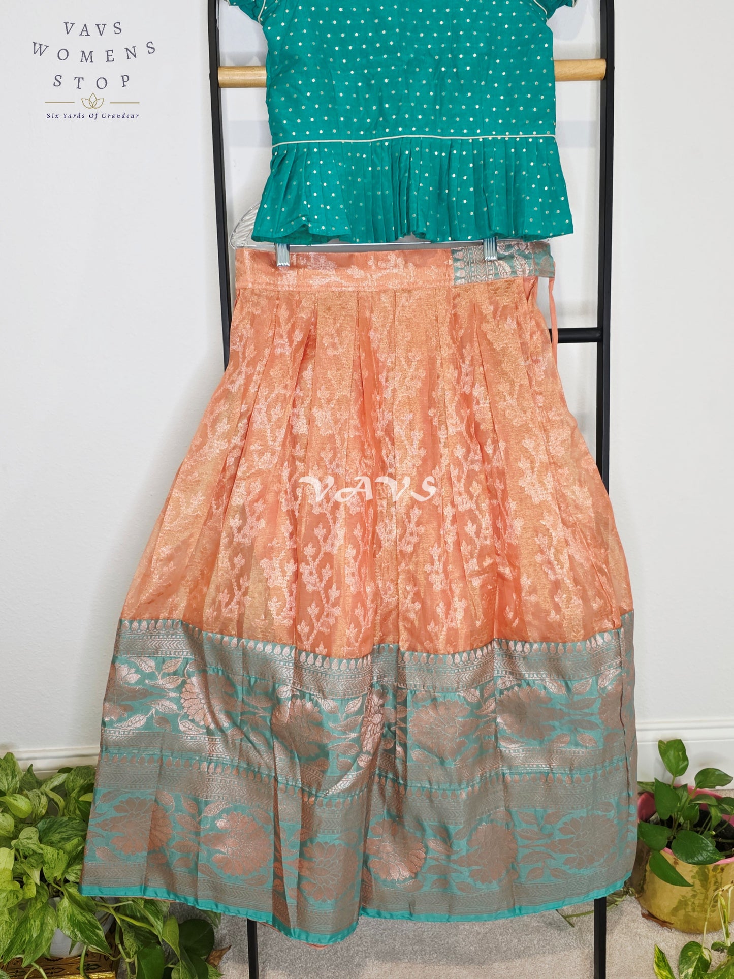 Royal Peach Blossom Organza Lehenga Set with Emerald Teal Polka Dot Designer Peplum Blouse | Girls 9–10 Years