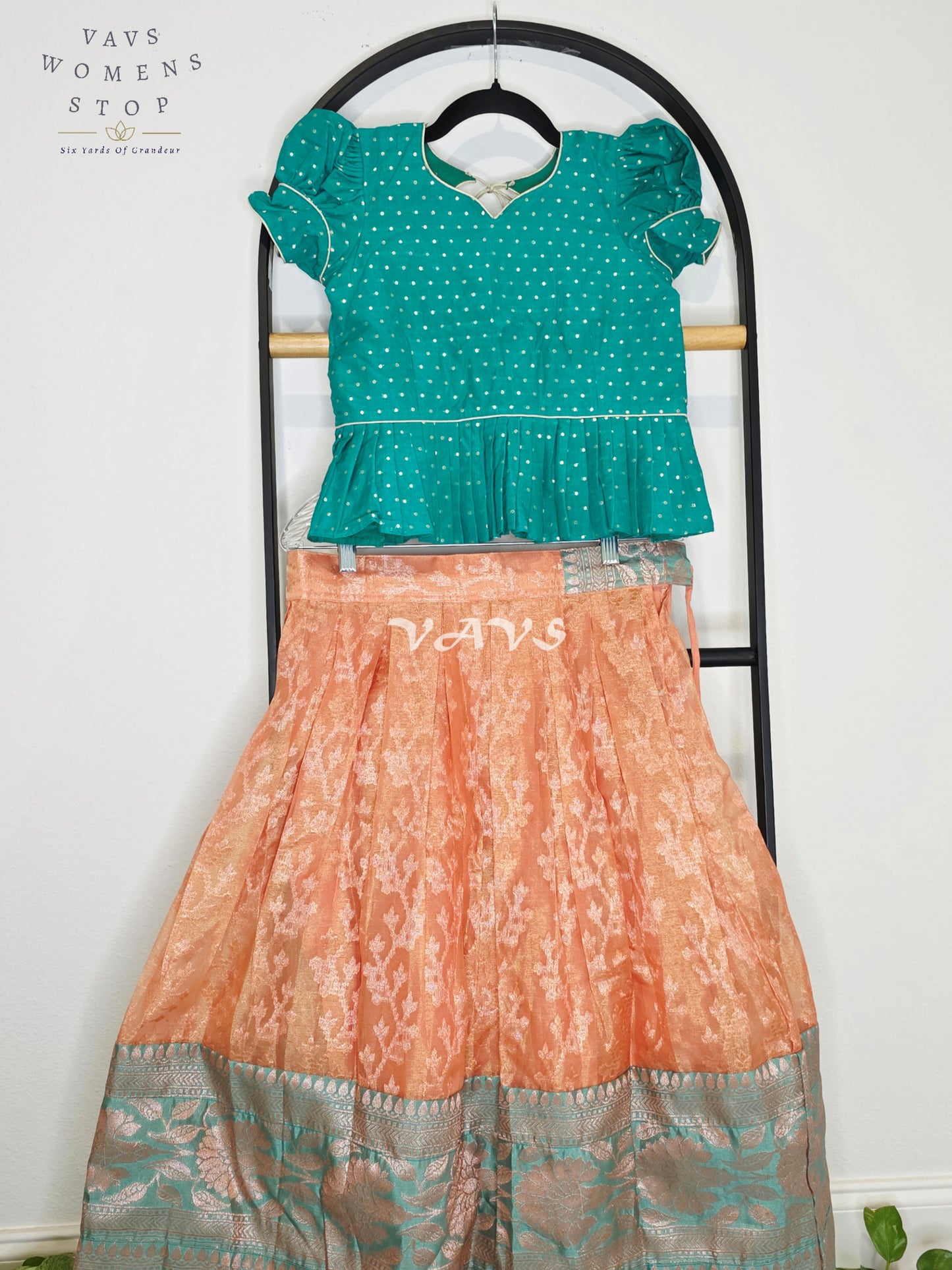Royal Peach Blossom Organza Lehenga Set with Emerald Teal Polka Dot Designer Peplum Blouse | Girls 9–10 Years
