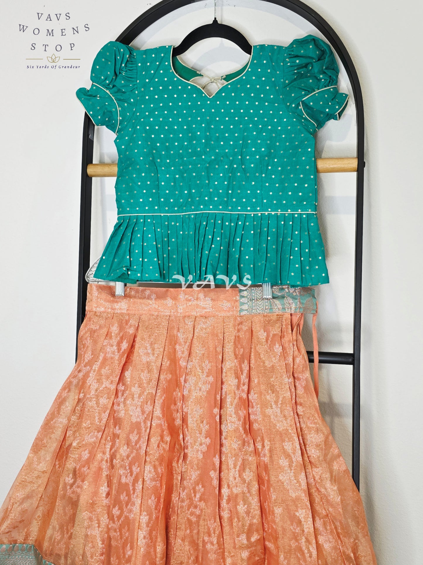 Royal Peach Blossom Organza Lehenga Set with Emerald Teal Polka Dot Designer Peplum Blouse | Girls 9–10 Years