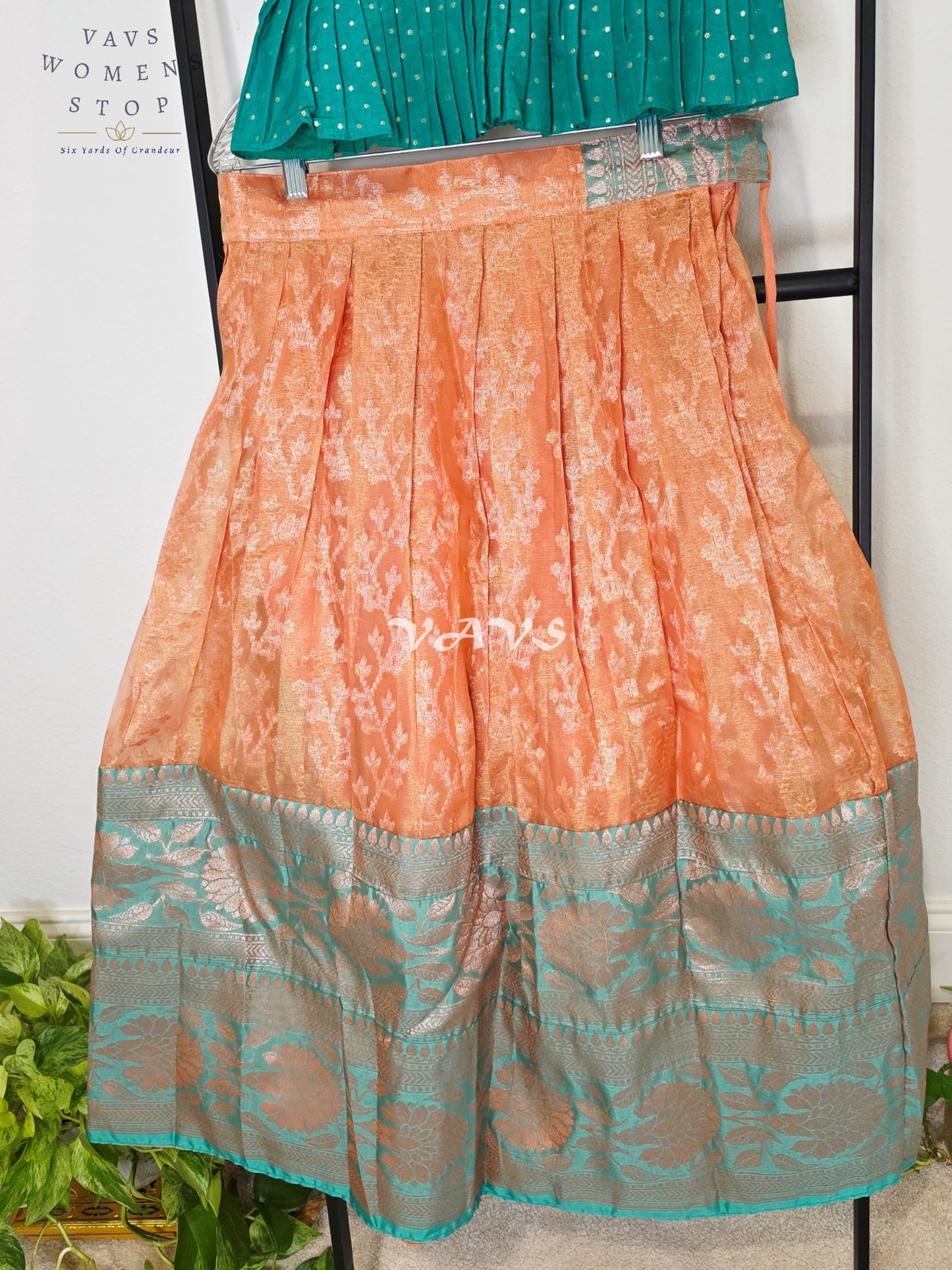 Royal Peach Blossom Organza Lehenga Set with Emerald Teal Polka Dot Designer Peplum Blouse | Girls 9–10 Years