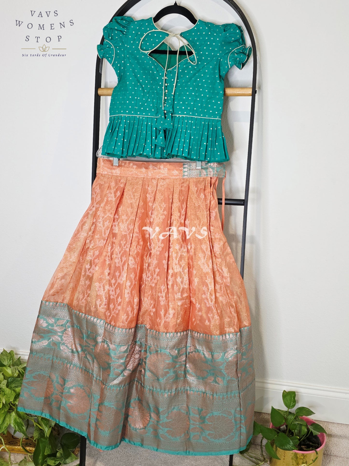 Royal Peach Blossom Organza Lehenga Set with Emerald Teal Polka Dot Designer Peplum Blouse | Girls 9–10 Years