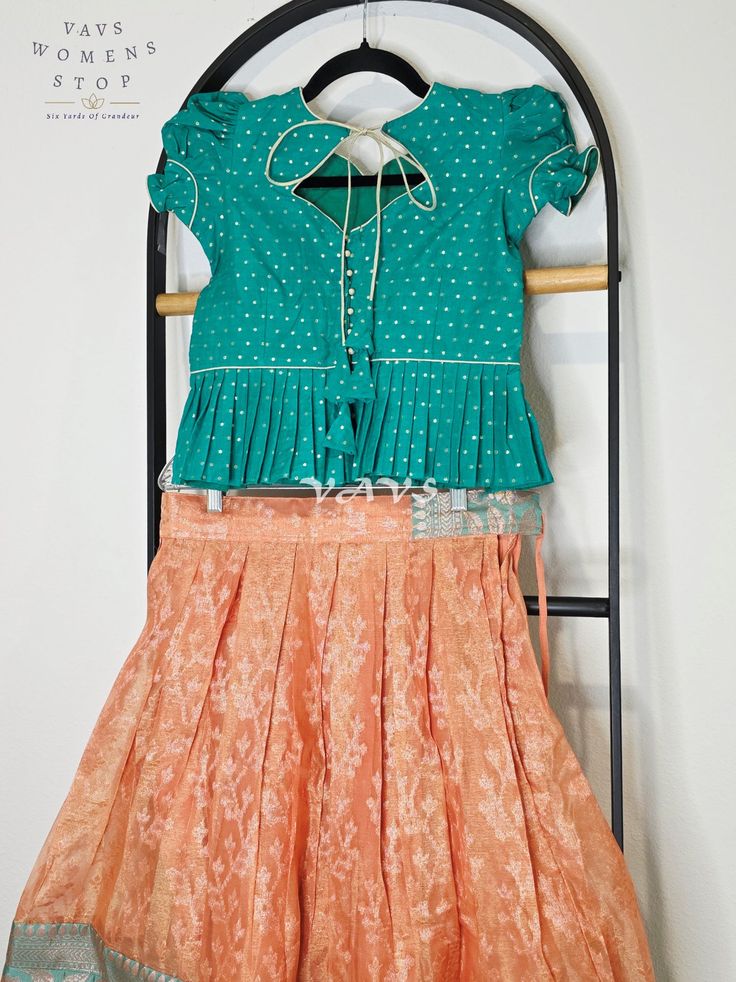 Royal Peach Blossom Organza Lehenga Set with Emerald Teal Polka Dot Designer Peplum Blouse | Girls 9–10 Years