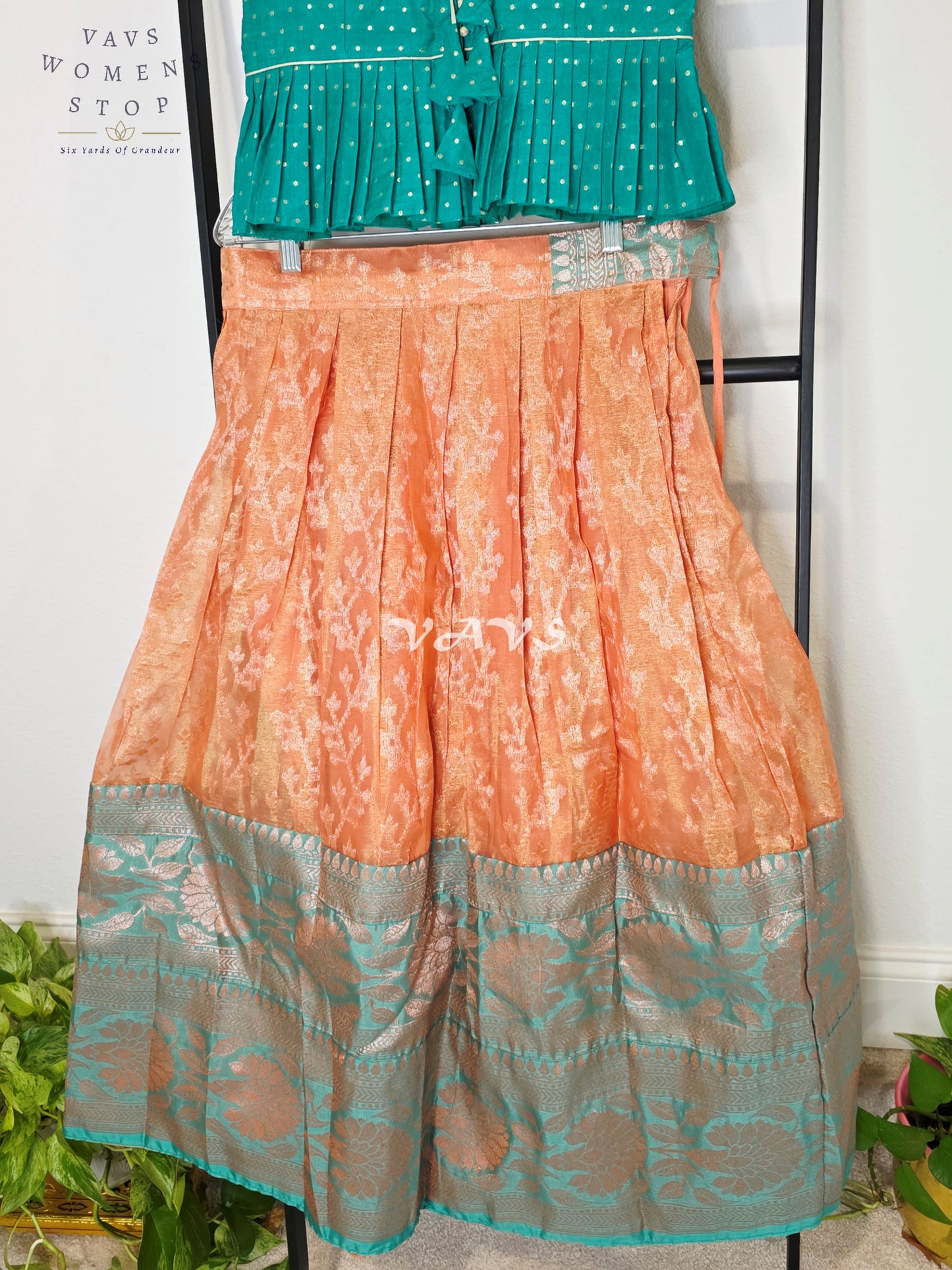 Royal Peach Blossom Organza Lehenga Set with Emerald Teal Polka Dot Designer Peplum Blouse | Girls 9–10 Years
