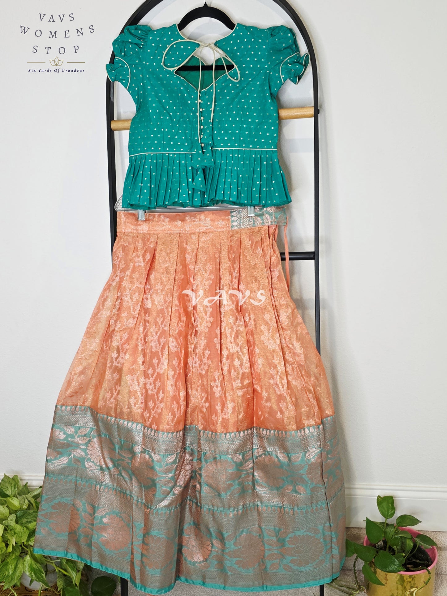 Royal Peach Blossom Organza Lehenga Set with Emerald Teal Polka Dot Designer Peplum Blouse | Girls 9–10 Years