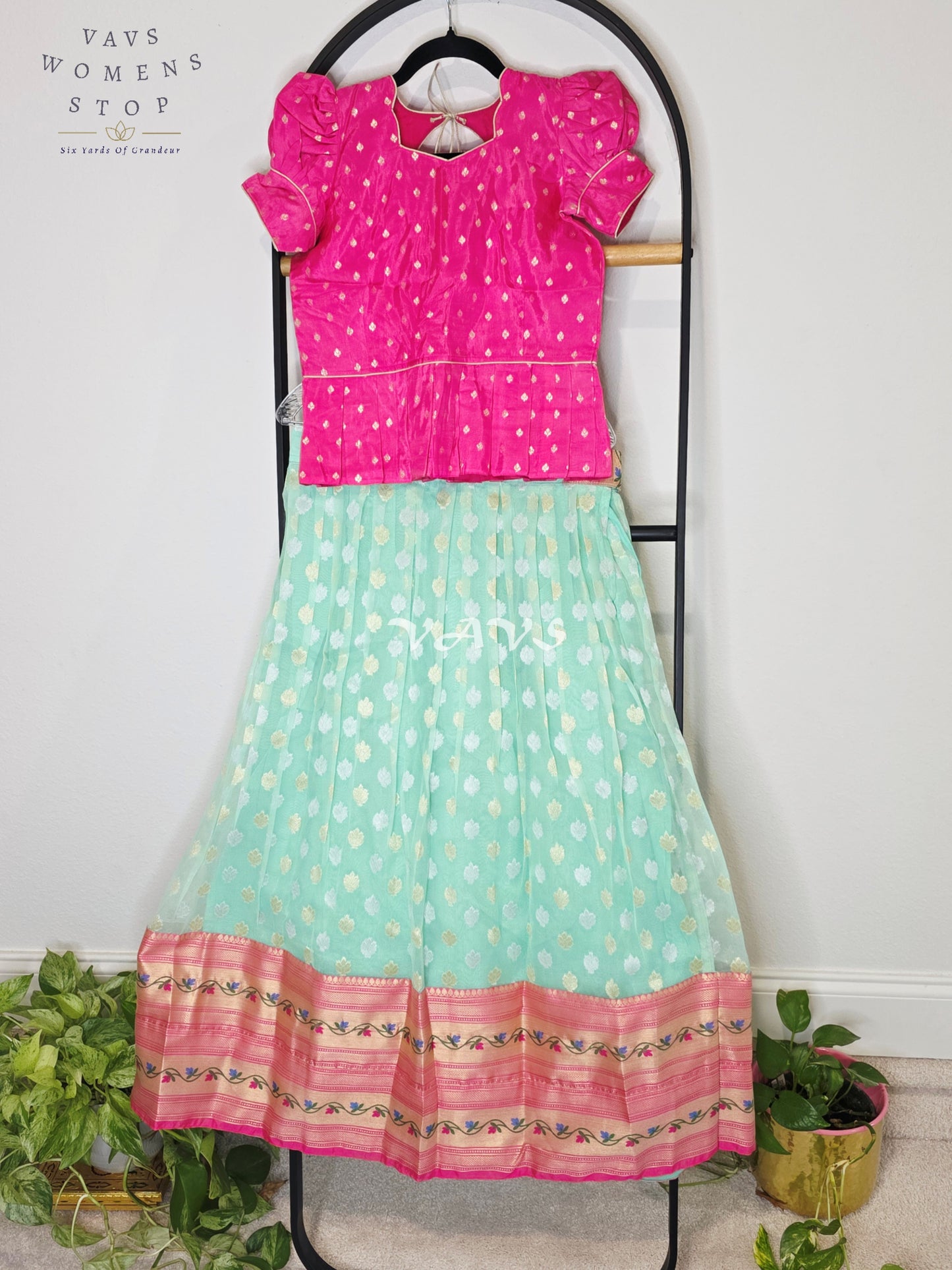 Royal Aqua Mint Organza Butta Lehenga with Rose Pink Paithani Border & Rani Pink Benarasi Puff Sleeve Blouse | Girls 10–11 Years