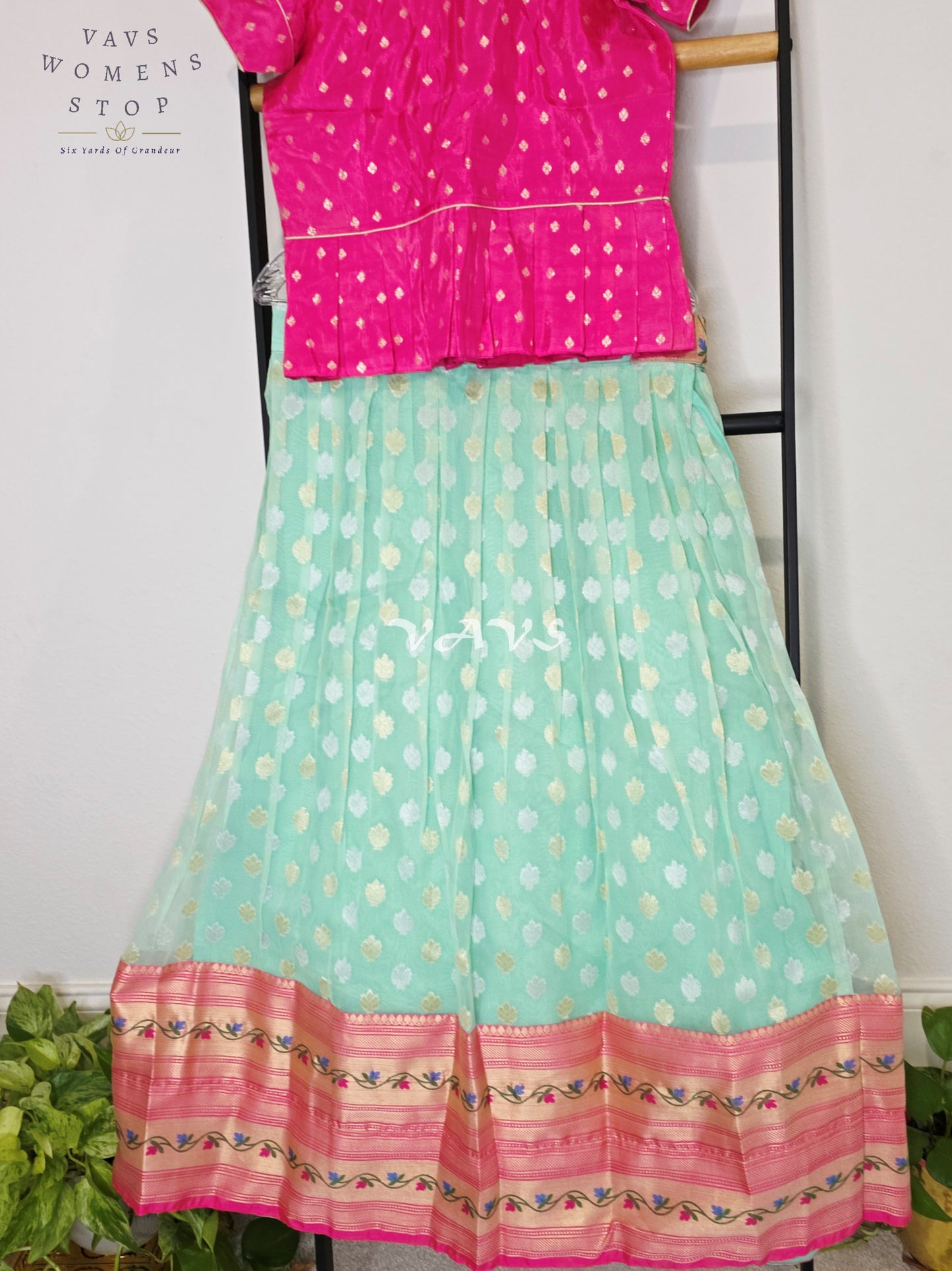 Royal Aqua Mint Organza Butta Lehenga with Rose Pink Paithani Border & Rani Pink Benarasi Puff Sleeve Blouse | Girls 10–11 Years