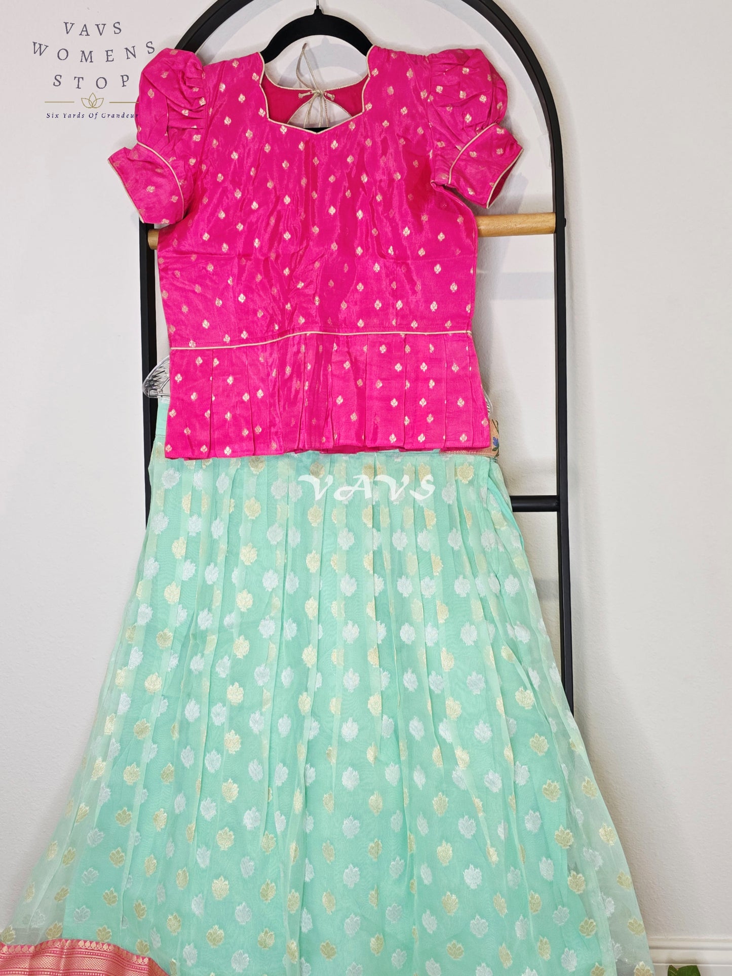 Royal Aqua Mint Organza Butta Lehenga with Rose Pink Paithani Border & Rani Pink Benarasi Puff Sleeve Blouse | Girls 10–11 Years